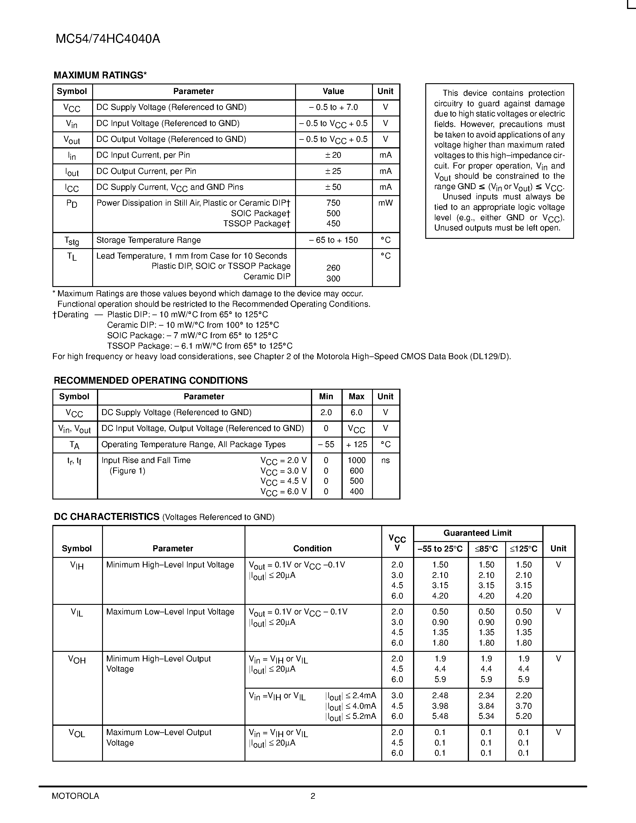 Datasheet MC54HC4040A - 12-Stage Binary Ripple Counter page 2