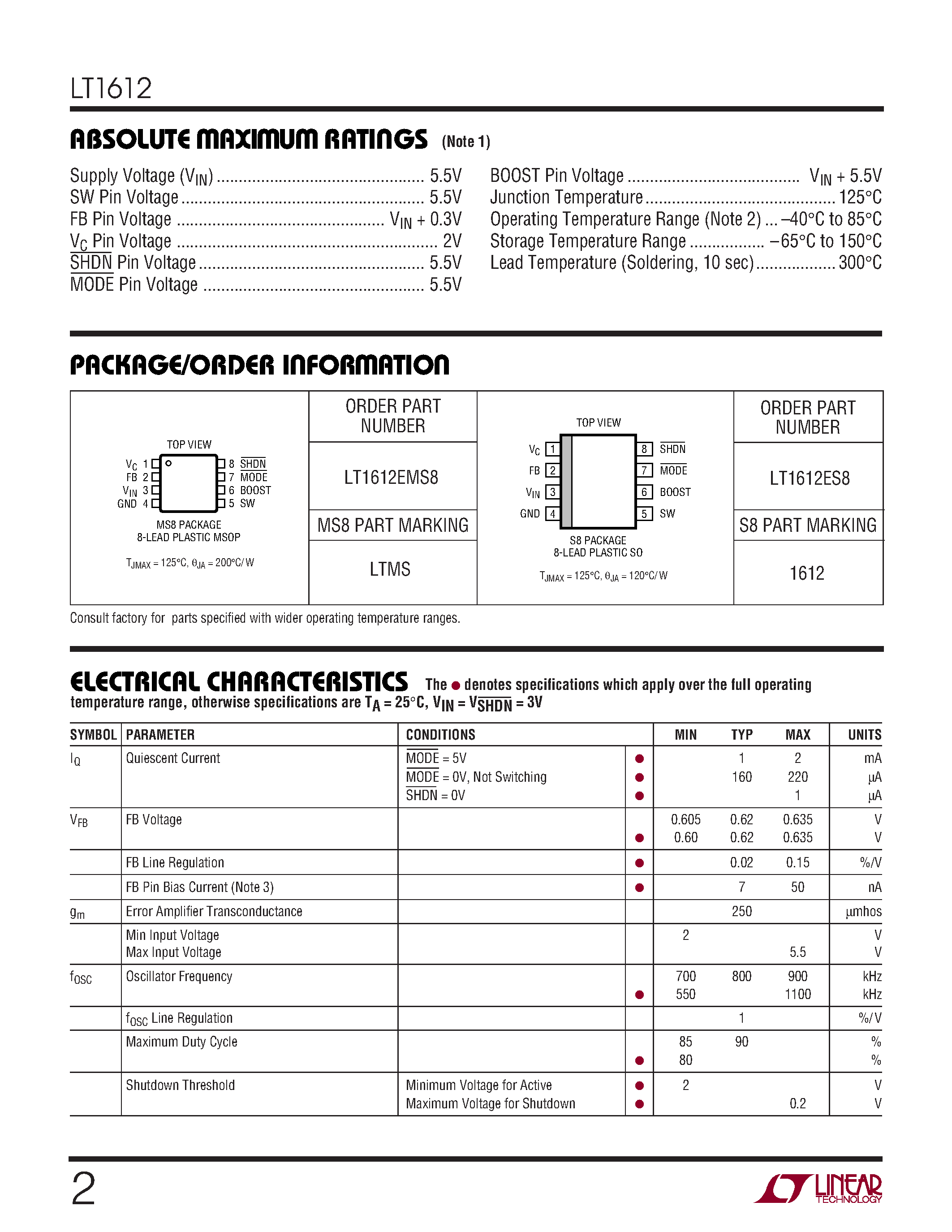 Даташит на микросхему LTC1612 страница 2 Даташит LTC1612 - Synchronous / Step-Down 800Khz PWM D/DC Converter страница 2