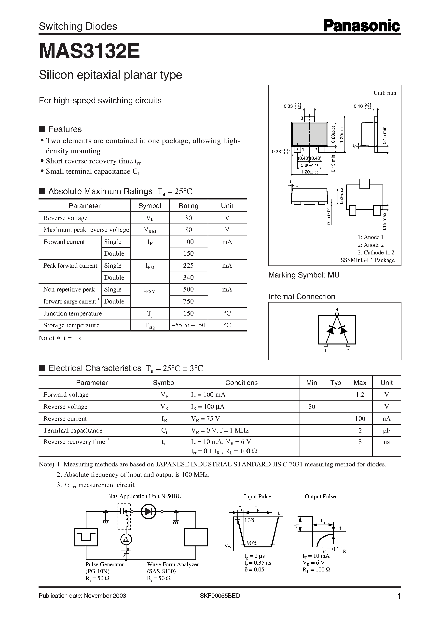 Даташит на микросхему MAS3132E страница 1 Даташит MAS3132E - Switching Diodes страница 1