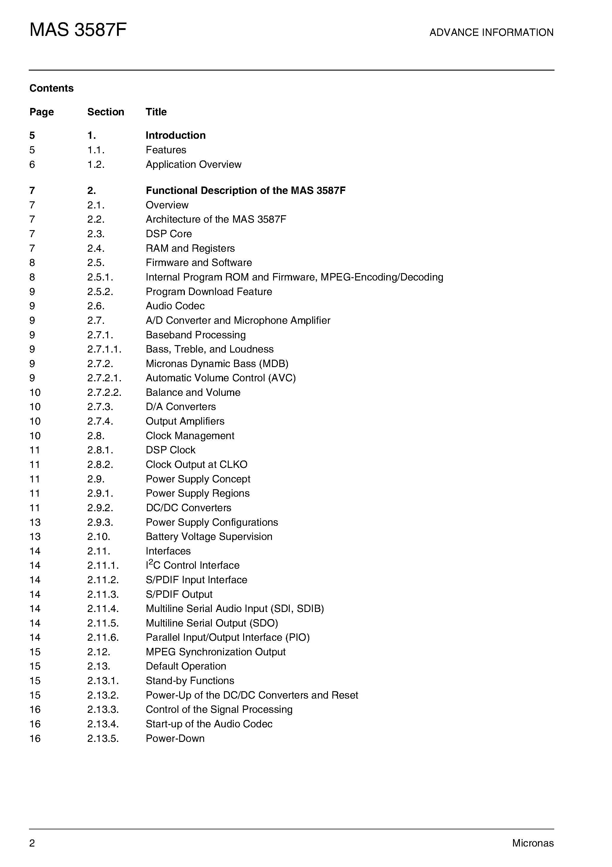 Datasheet MAS3587F - MPEG Layer 3 Audio Encoder/Decoder page 2
