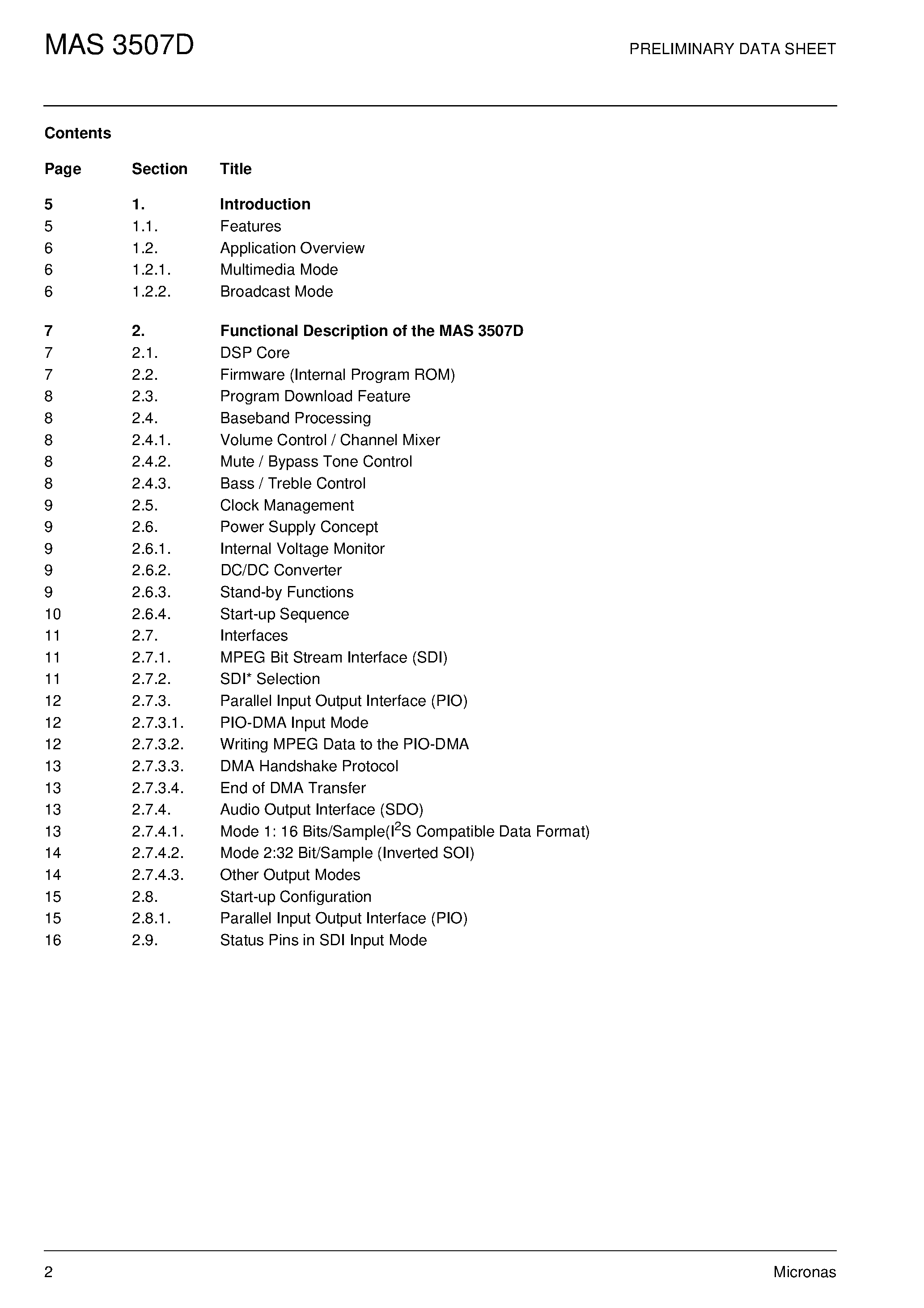 Datasheet MAS3507D - Mpeg 1/2 Layer 2/3 Audio Decoder page 2