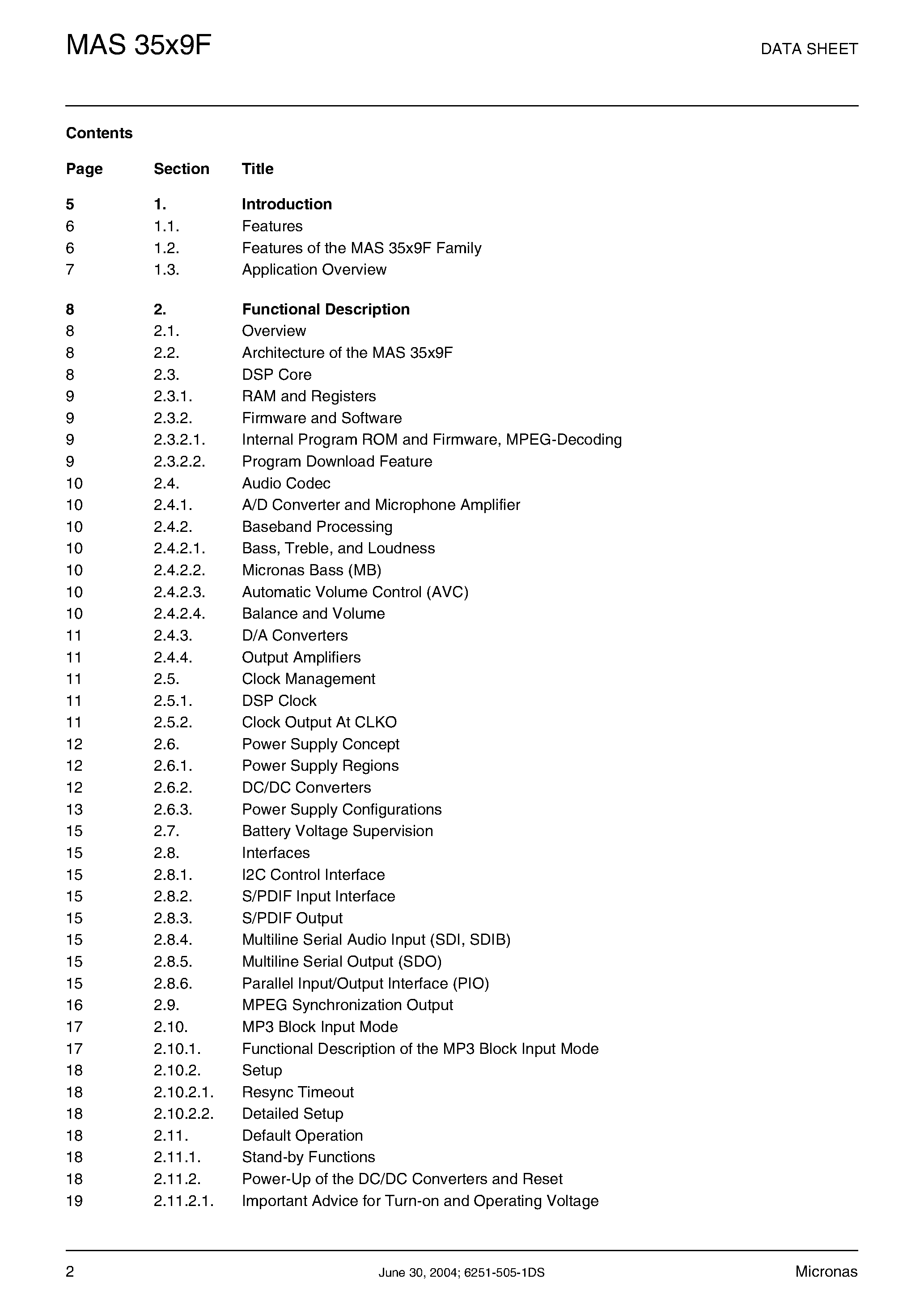 Datasheet MAS3509F - (MAS35x9F) MPEG Layer 2/3 AAC Audio Decoder page 2