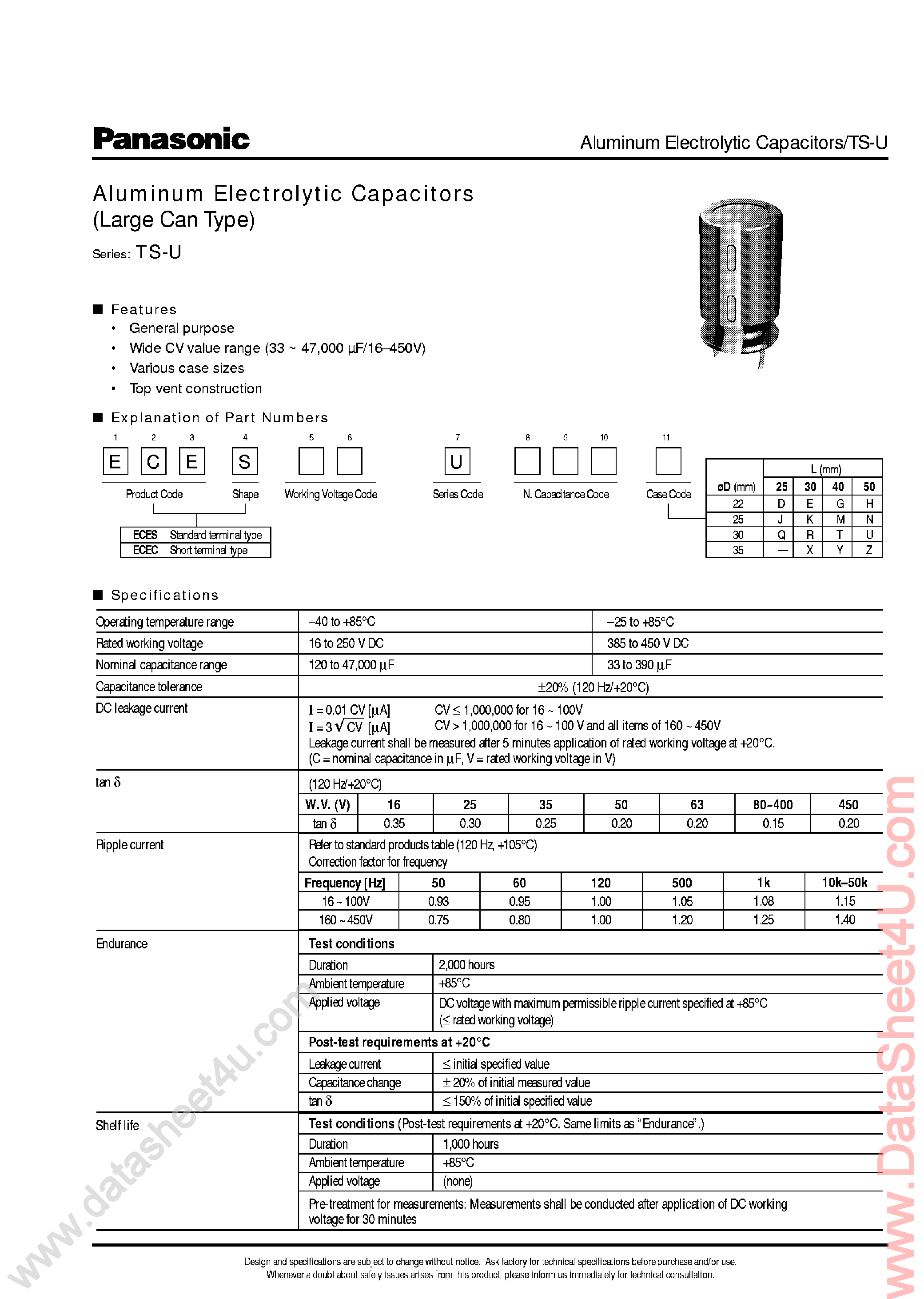 Datasheet ECES1xxx page 1 Datasheet ECES1xxx - (ECESxx Series) Aluminum Electrolytic Capacitors page 1