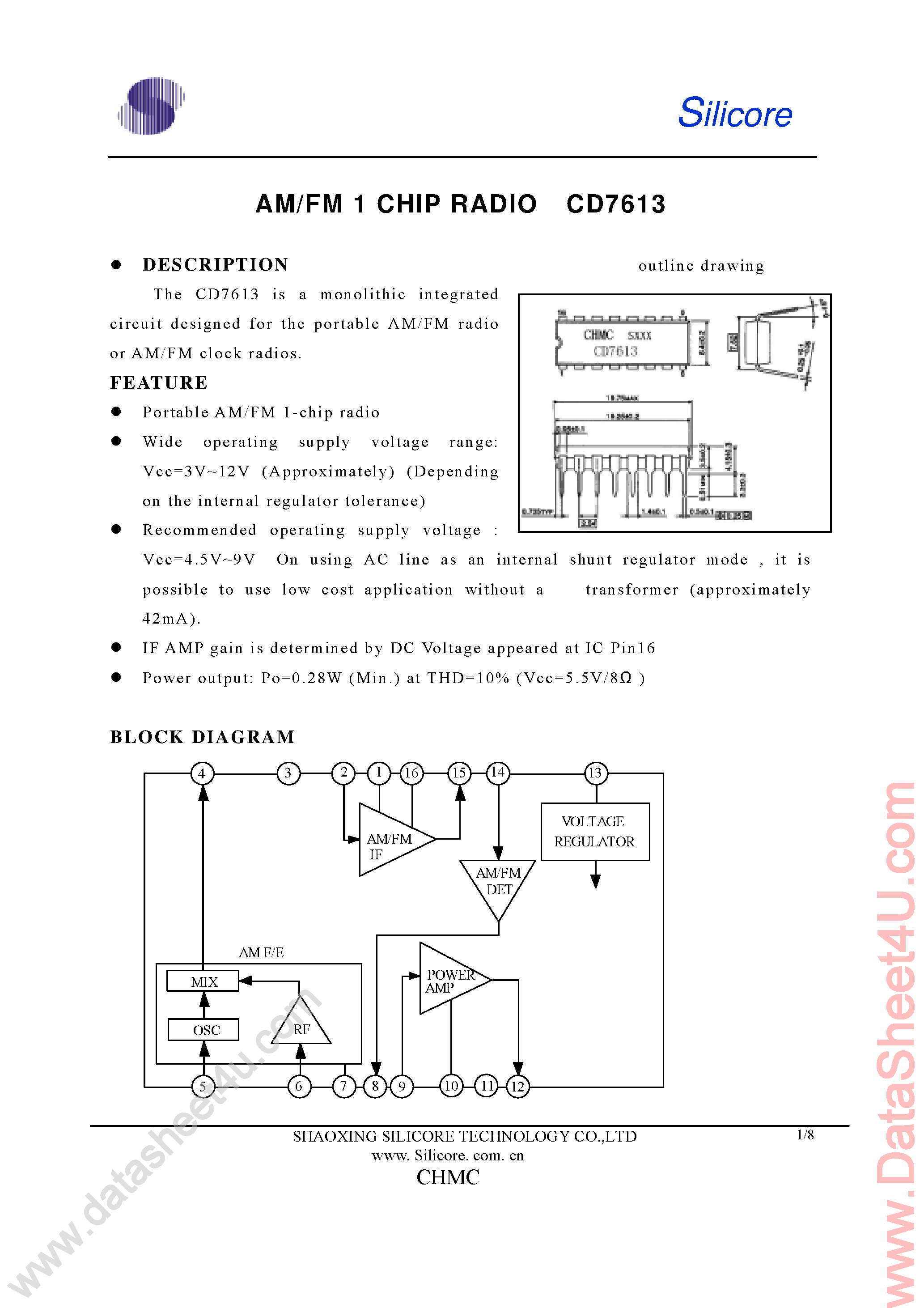 Datasheet CD7613 - AM / FM 1 Chip Radio page 1