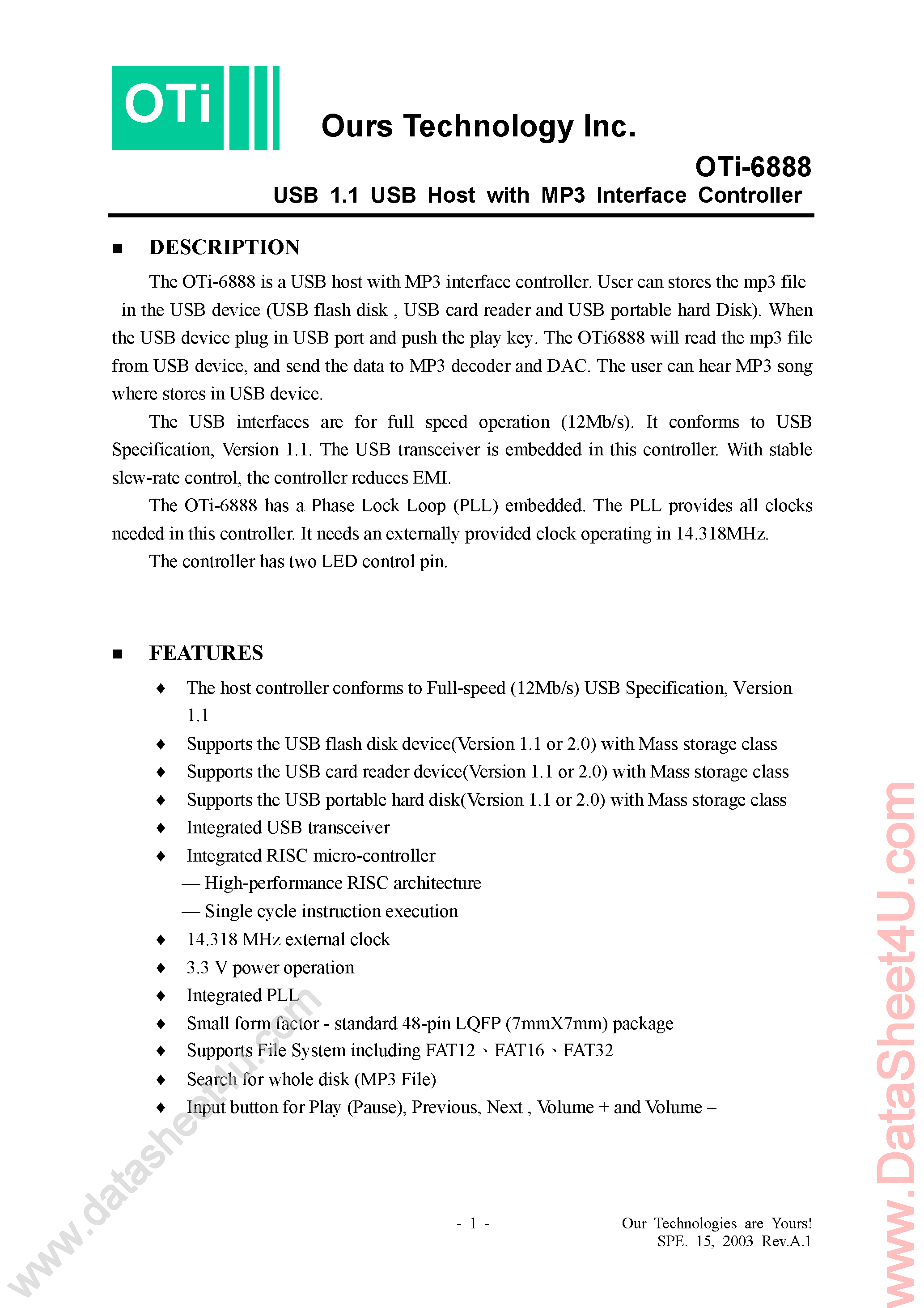 Даташит OTI-6888 - USB 1.1 USB Host страница 1