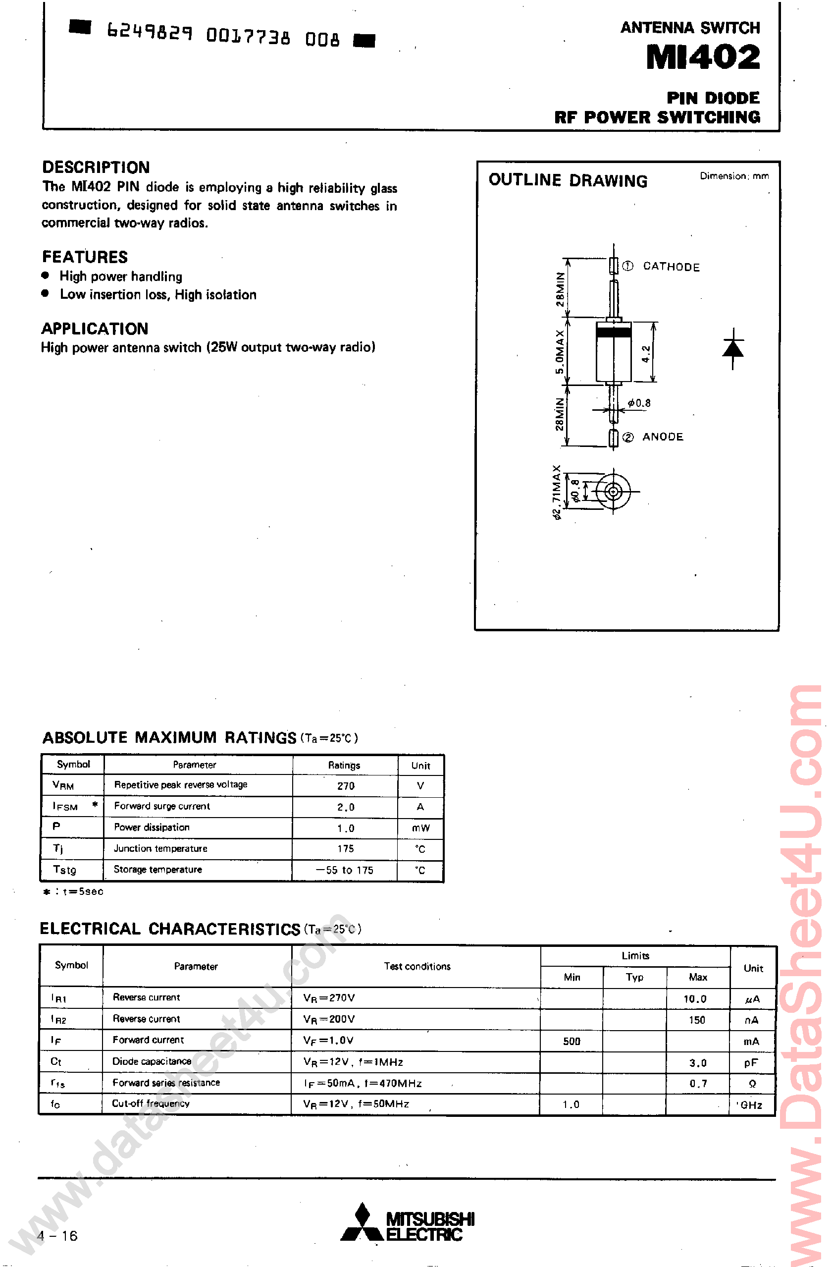 Datasheet MI402 - Pin Diode RF Power Switching page 1