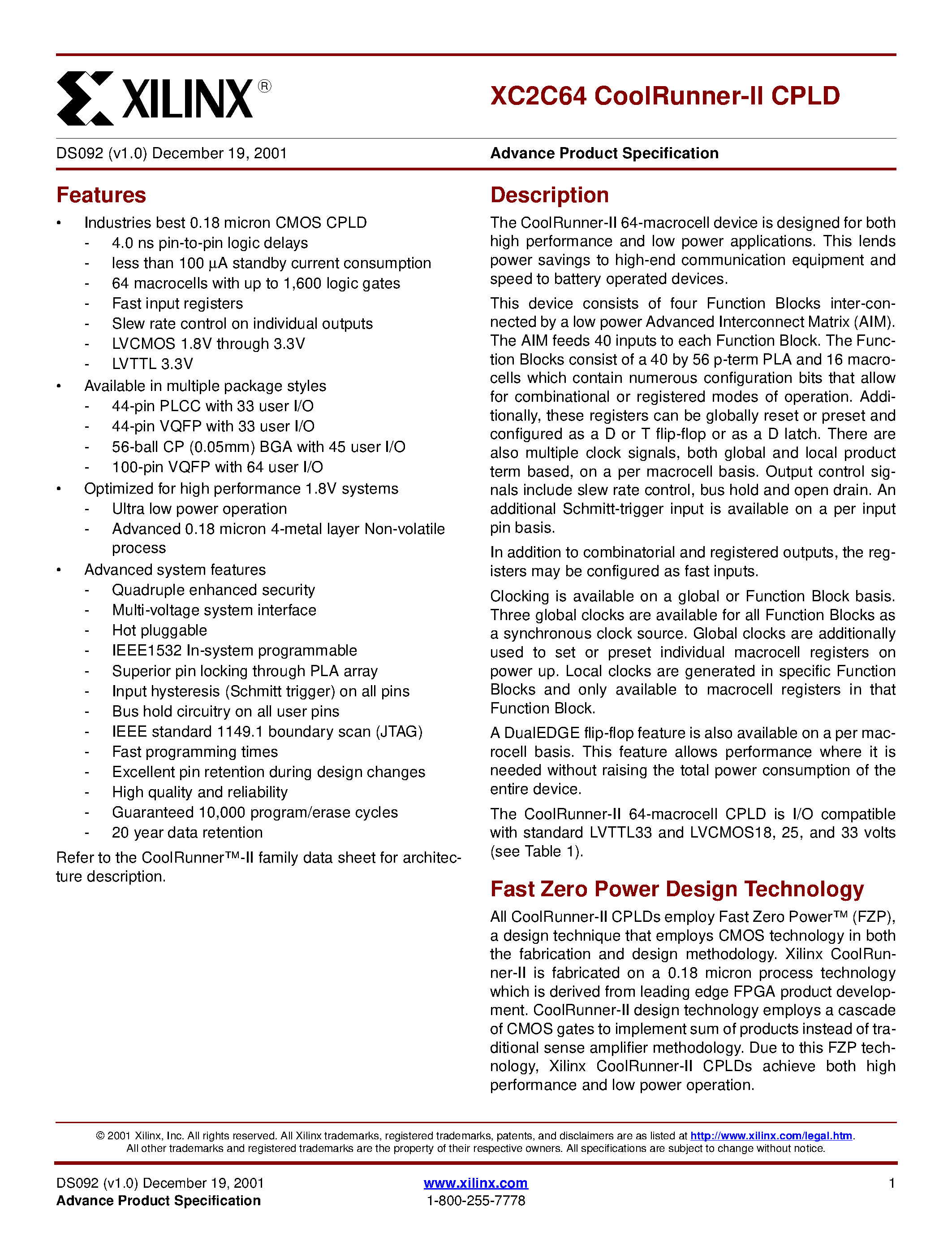Datasheet XC2C64 page 1 Datasheet XC2C64 - This lends power savings to High-end Communication equipment and speed to battery operated devices page 1