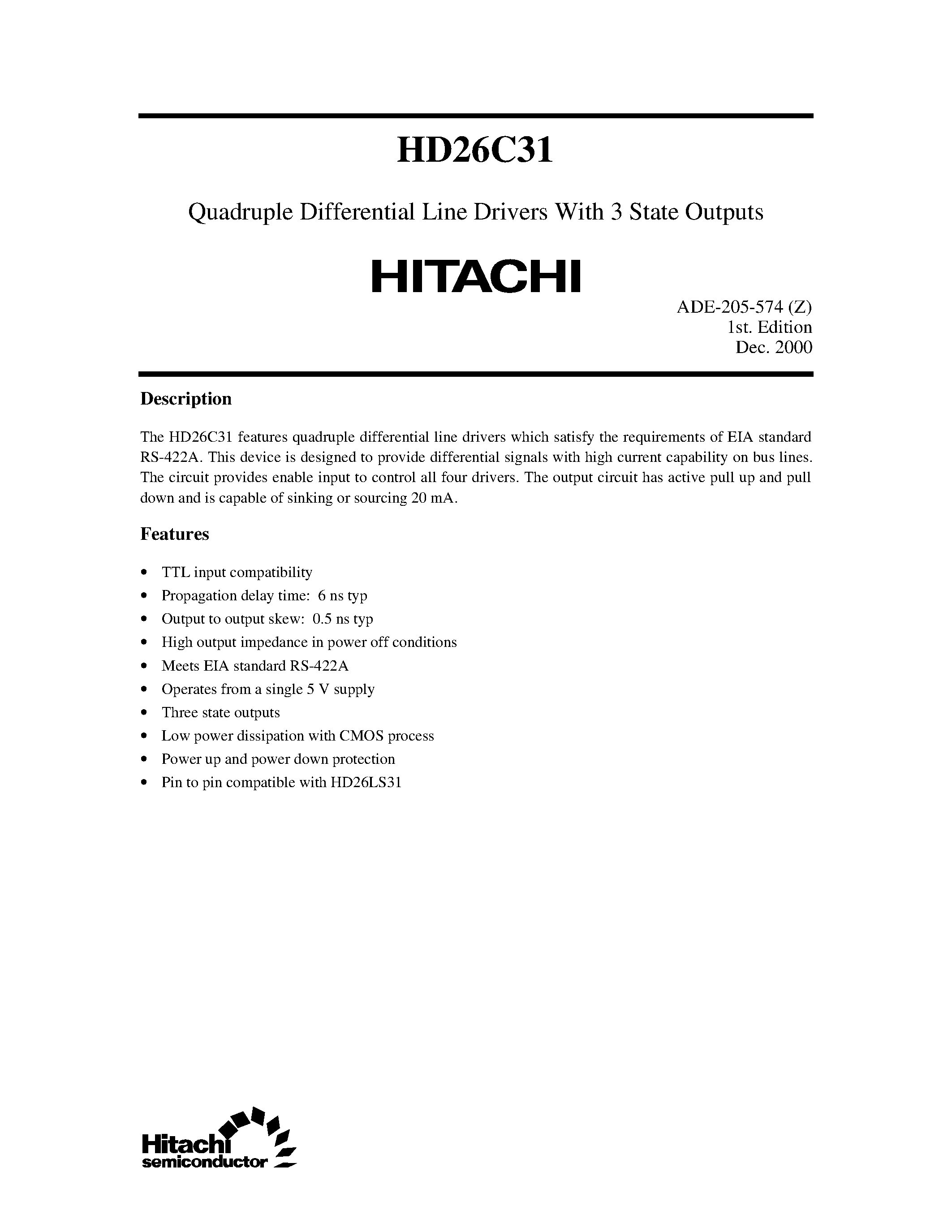 Даташит HD26C31 - Quadruple Differential Line Drivers With 3 State Outputs страница 1