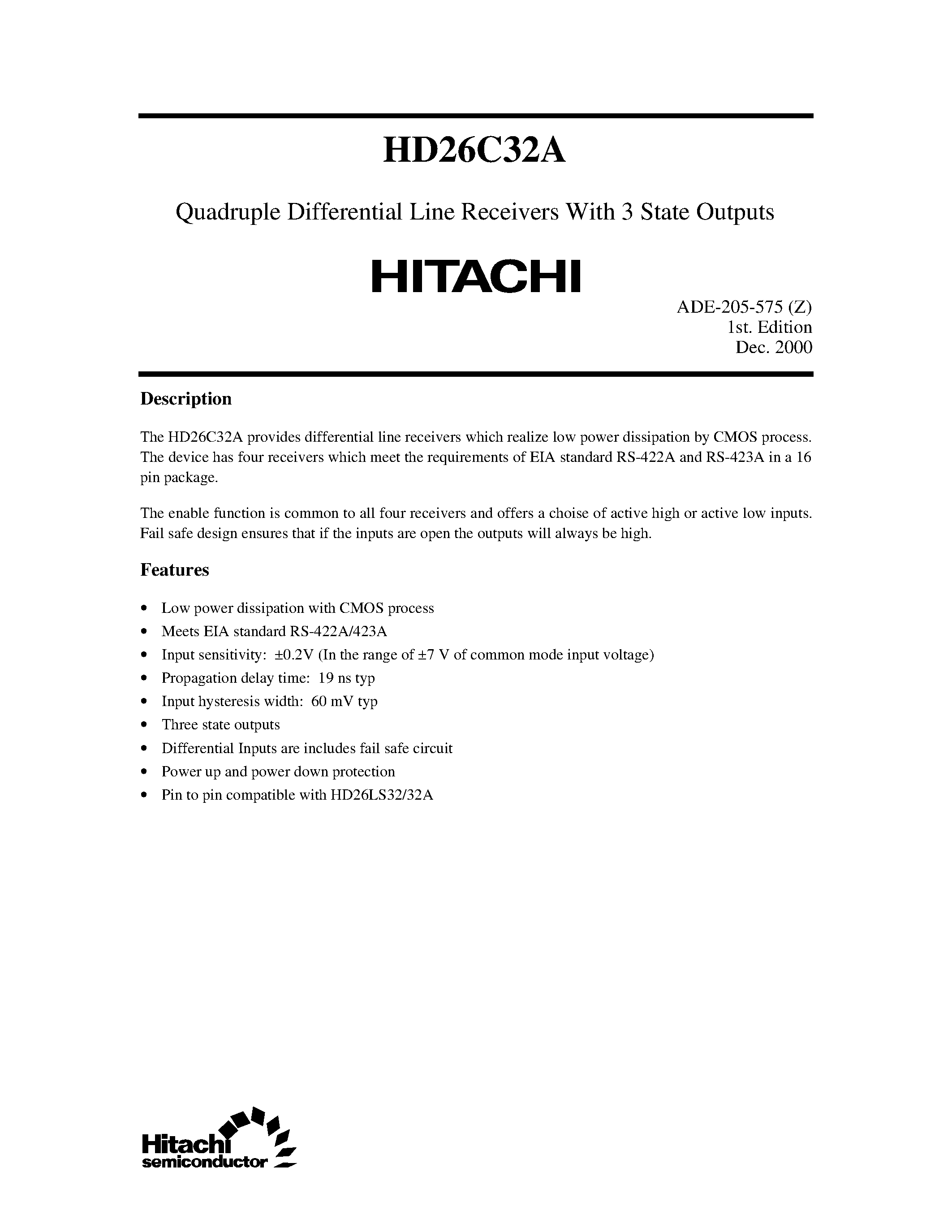 Даташит HD26C32A - Quadruple Differential Line Receivers With 3 State Outputs страница 1