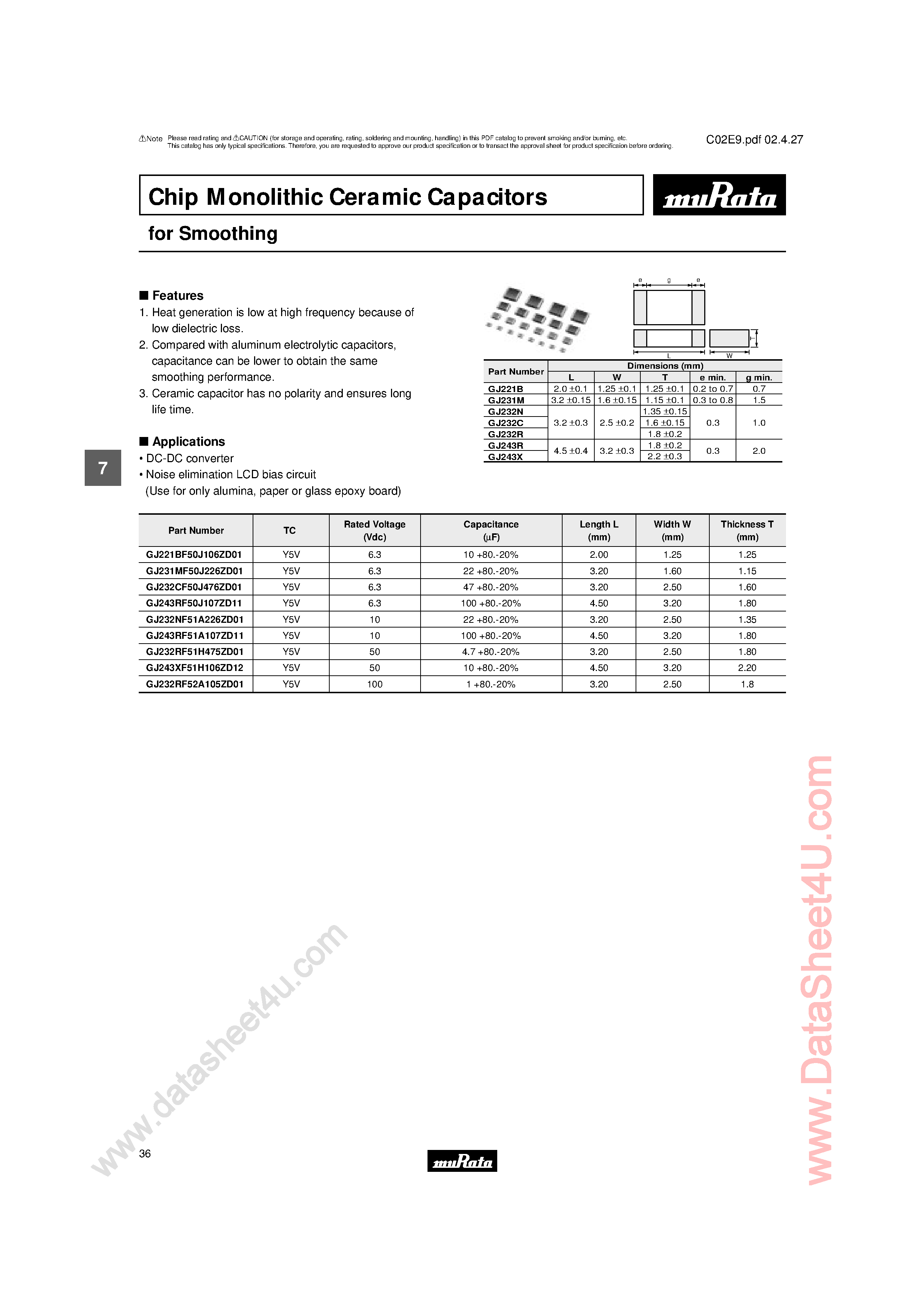 Datasheet GJ221x page 1 Datasheet GJ221x - (GJ2xx) Chip Monolithic Ceramic Capacitors page 1