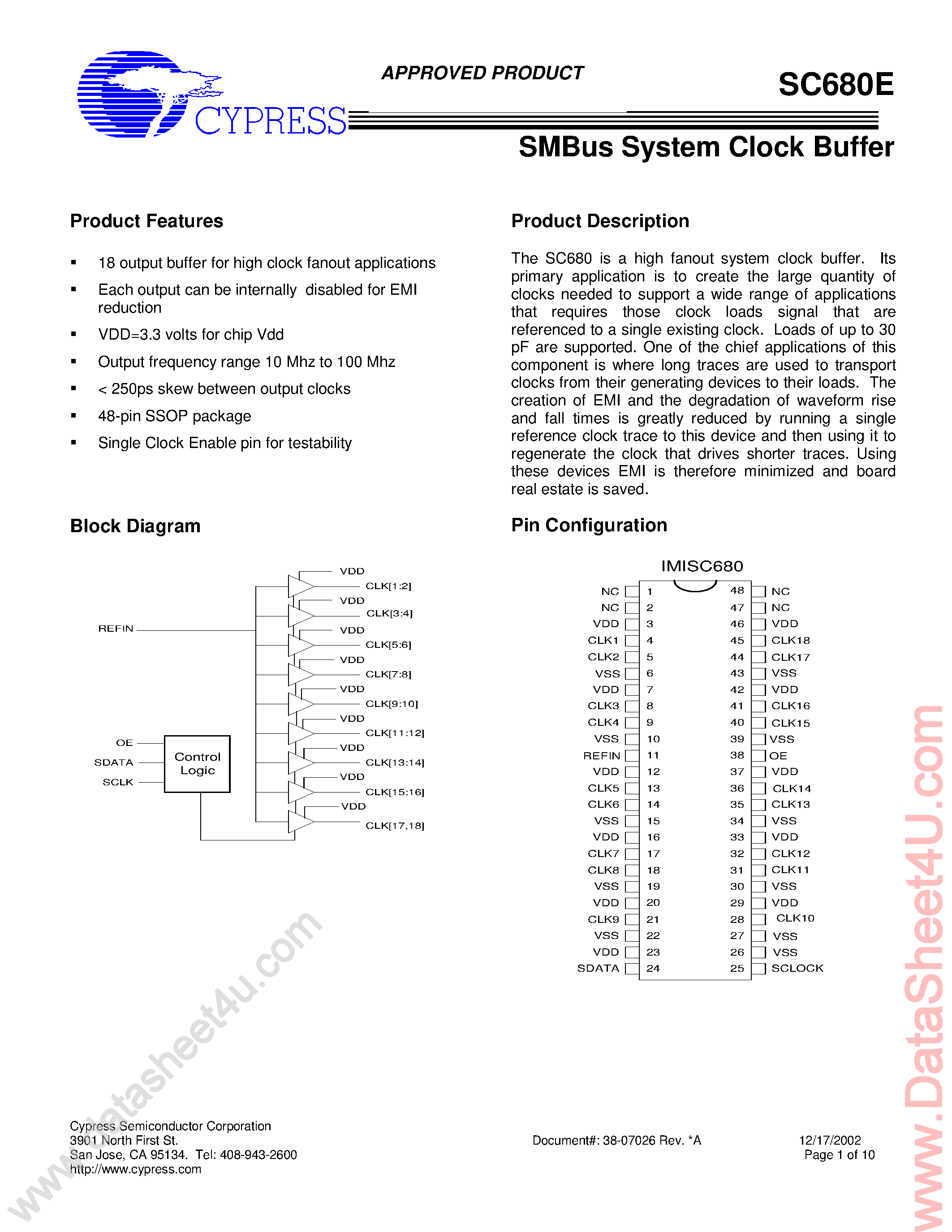 Даташит SC680E-SMBus System Clock Buffer страница 1