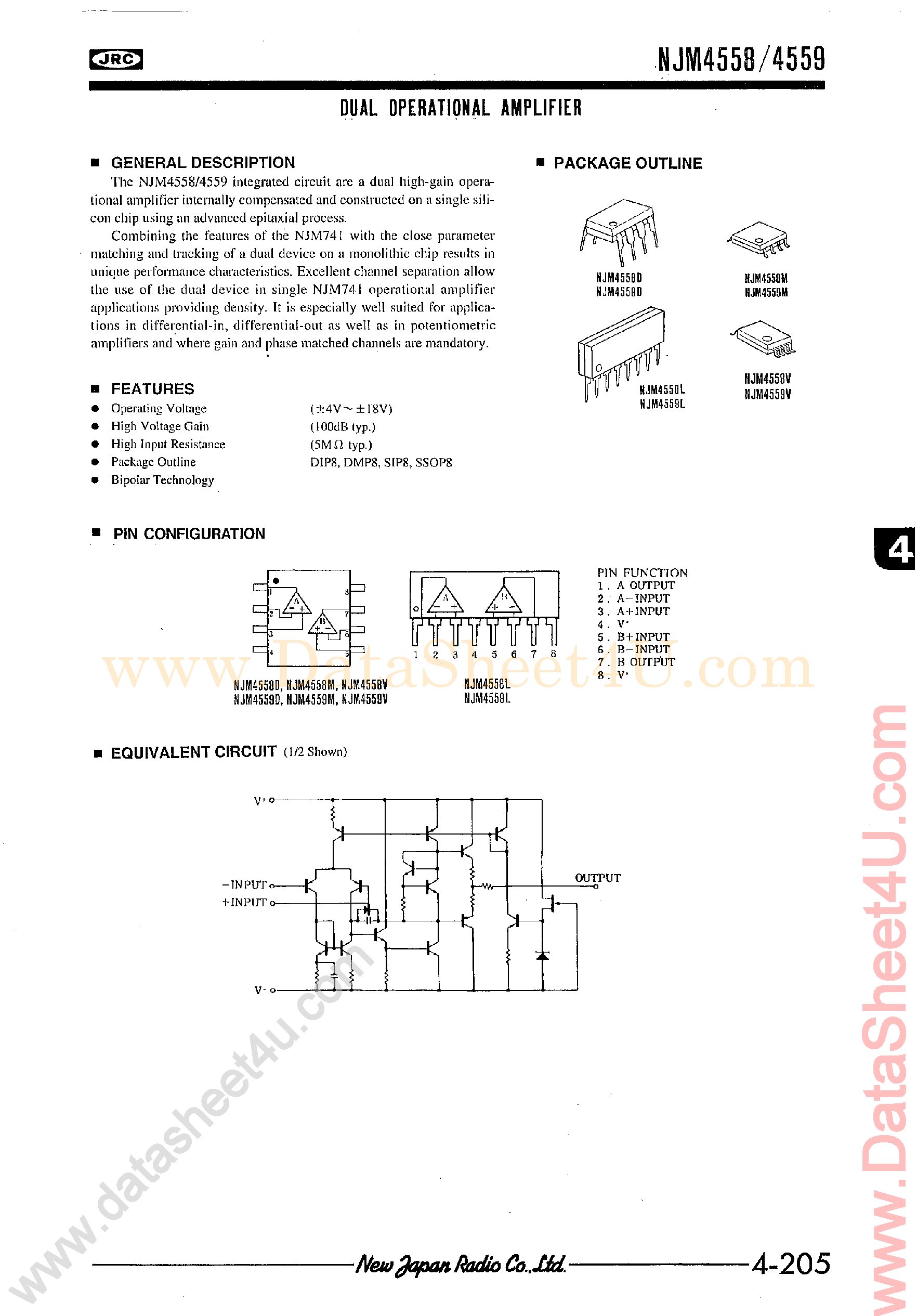 Даташит на микросхему JRC4558 страница 1 Даташит JRC4558 - Dual Operational Amplifier страница 1