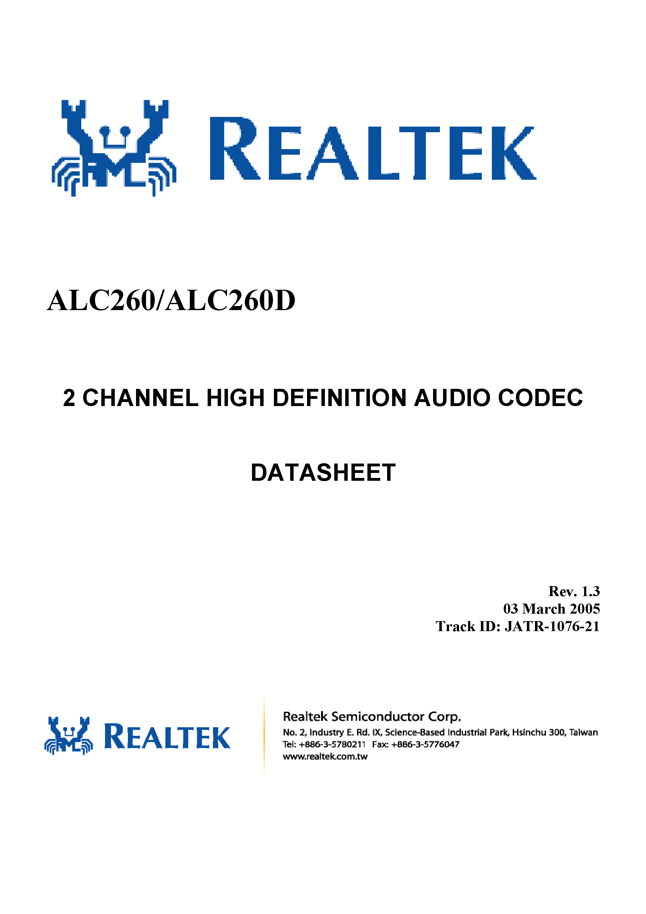 Даташит на микросхему ALC260 страница 1 Даташит ALC260 - 2-Channel High Definition Audio Codec страница 1