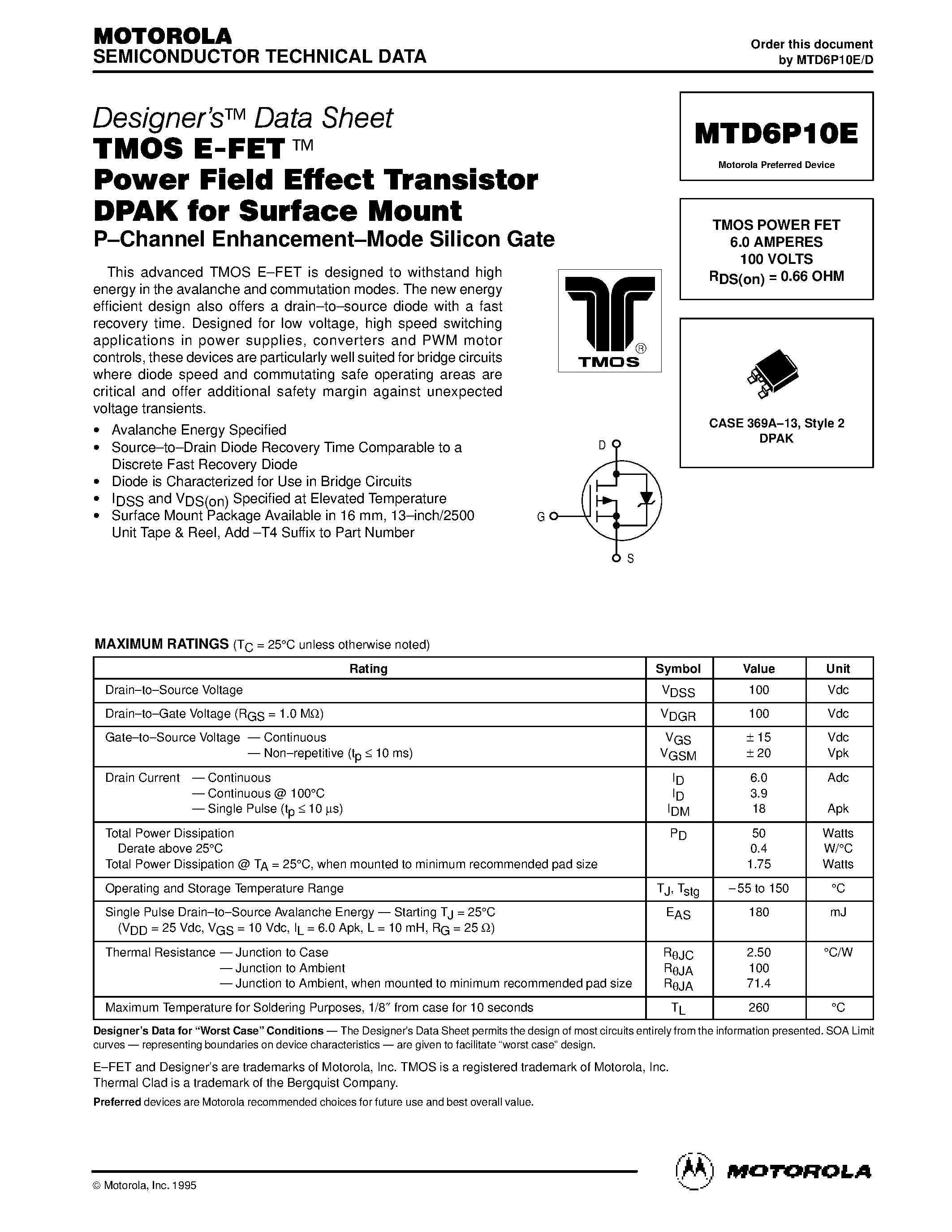 Datasheet MTD6P10E - TMOS POWER FET 6.0 AMPERES 100 VOLTS RDS(on) = 0.66 OHM page 1