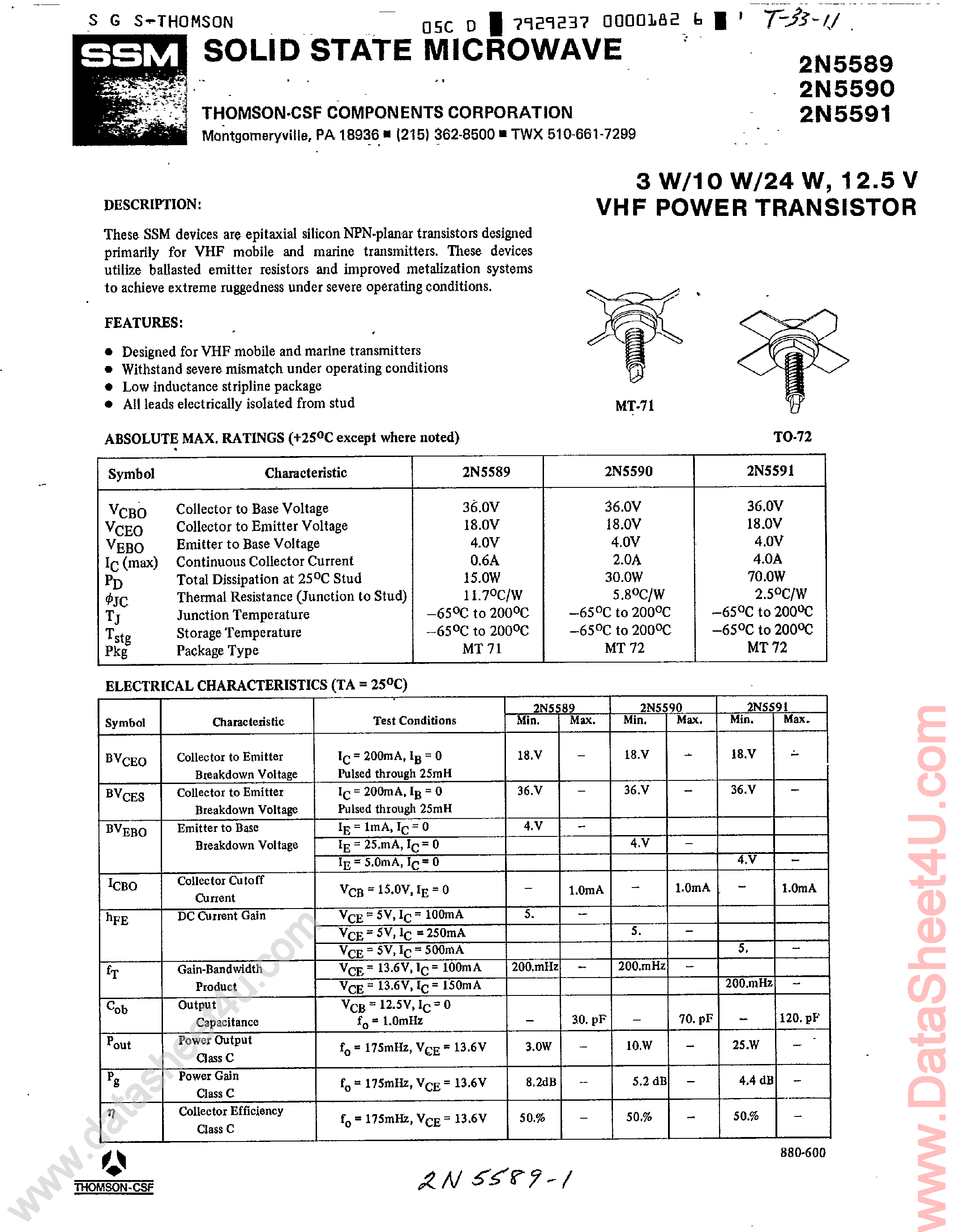 Datasheet 2N5589 - (2N5589 - 2N5591) VHF Power Transistor page 1