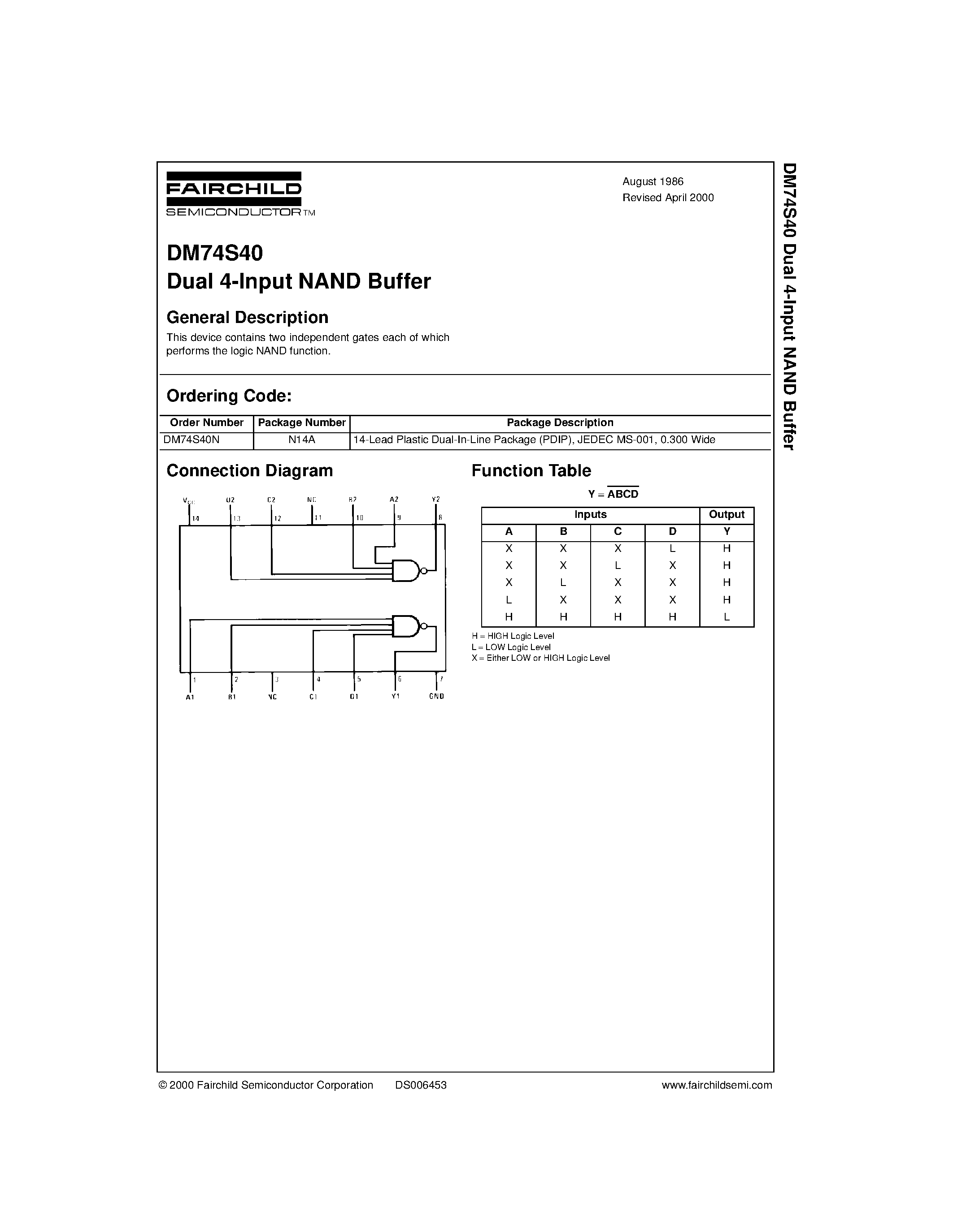 Datasheet DM74S40 - Dual 4-Input NAND Buffer page 1