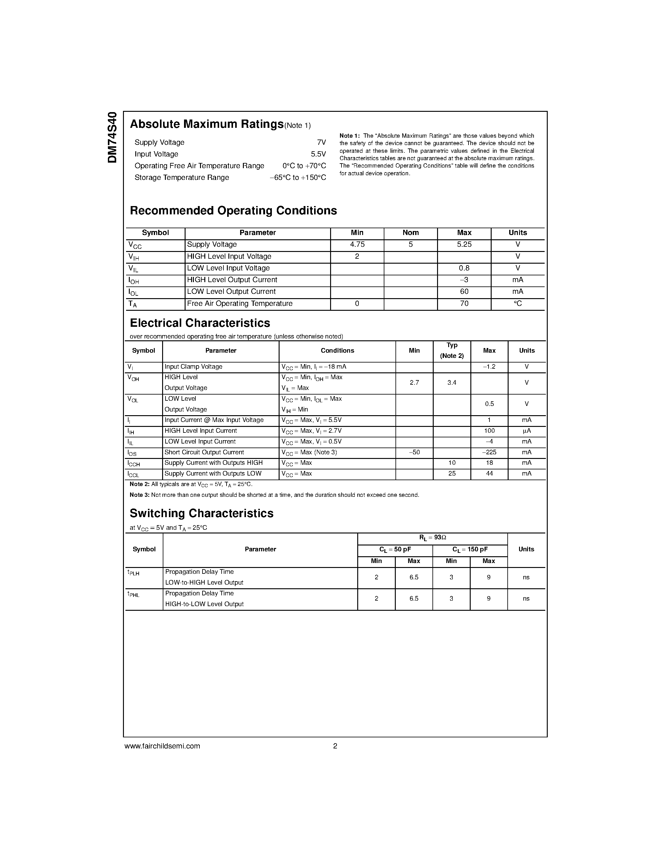 Datasheet DM74S40 - Dual 4-Input NAND Buffer page 2