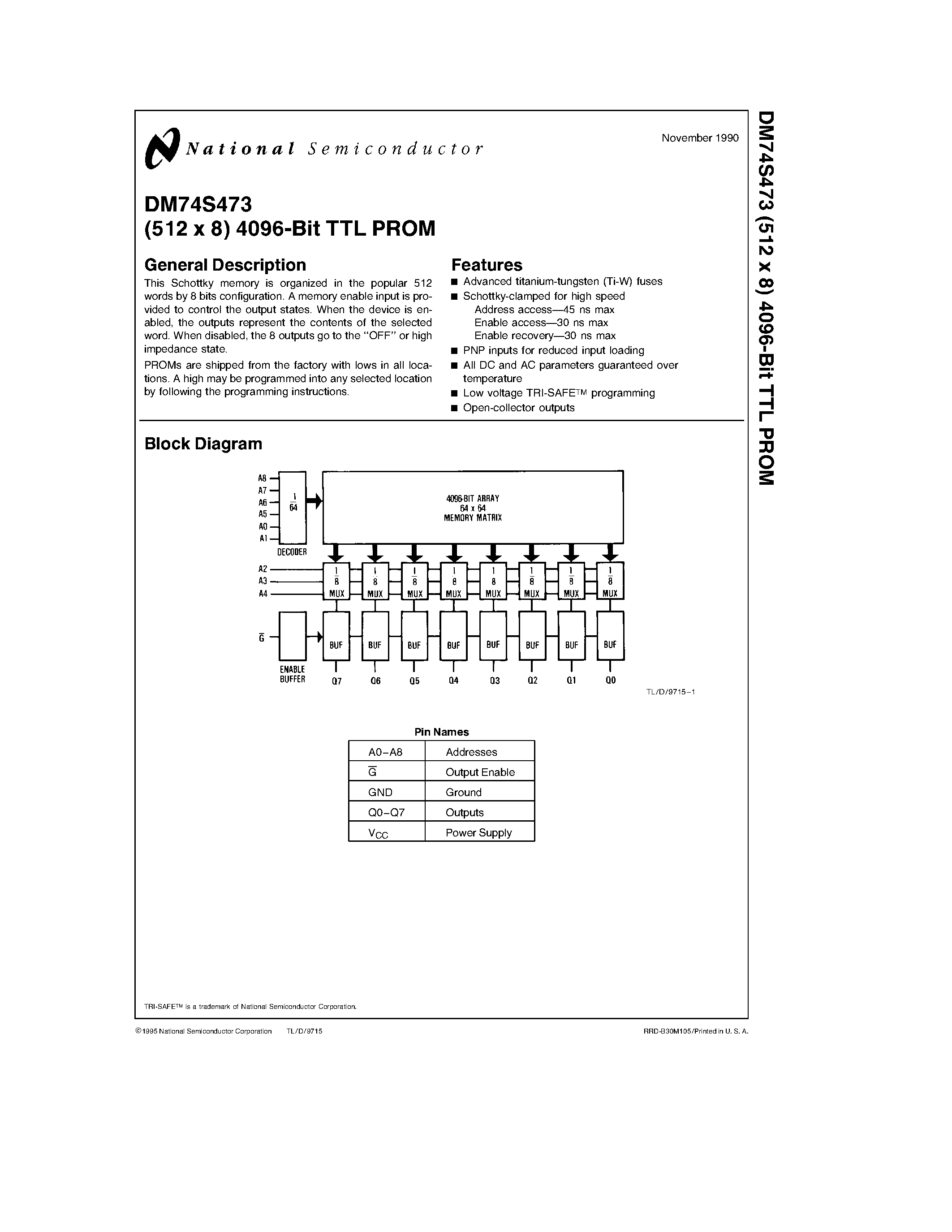 Datasheet DM74S473 page 1 Datasheet DM74S473 - (512 x 8) 4096-Bit TTL PROM page 1