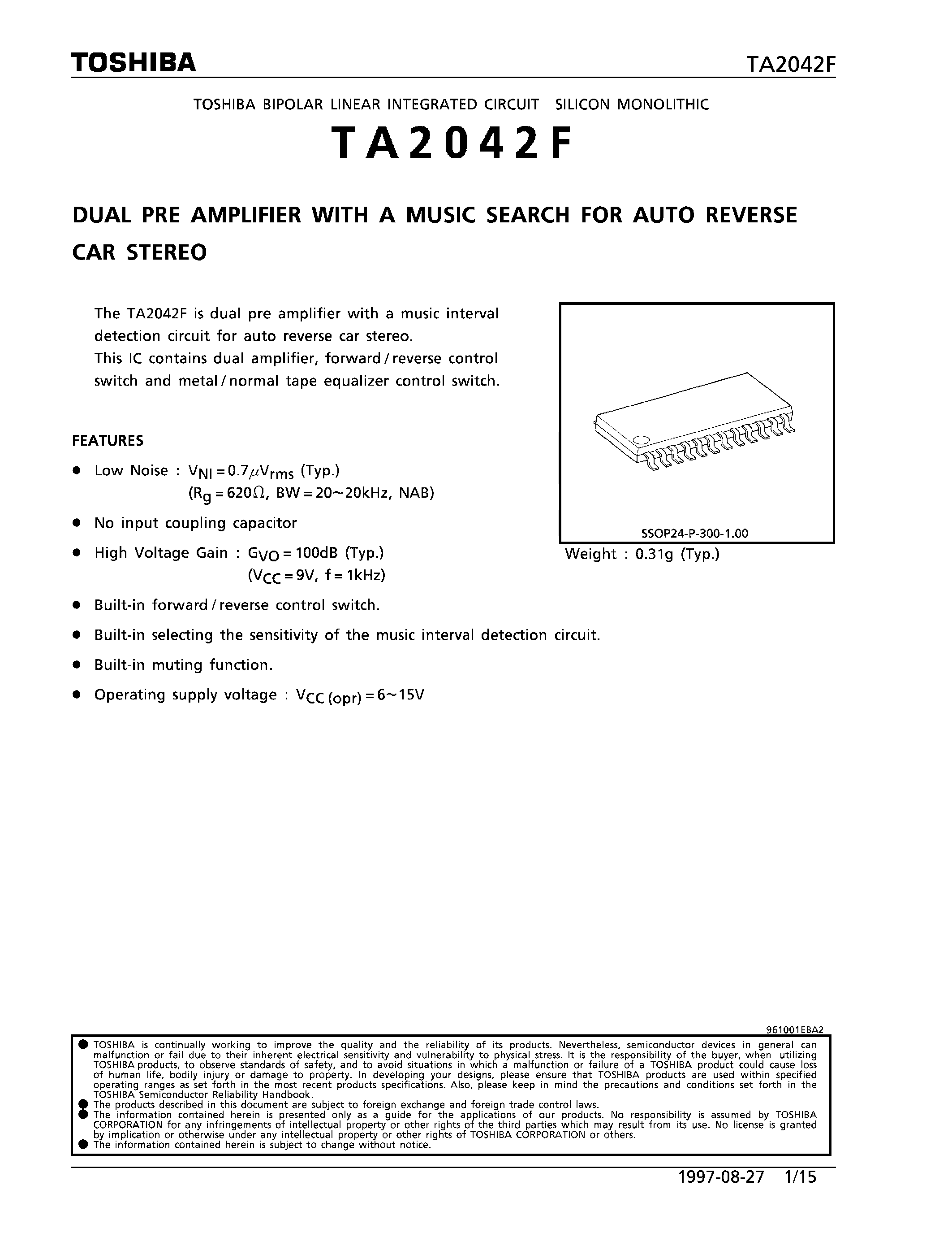 Datasheet TA2042F - DUAL PRE AMPLIFIER WITH A MUSIC SEARCH FOR AUTO REVERSE CAR STEREO page 1