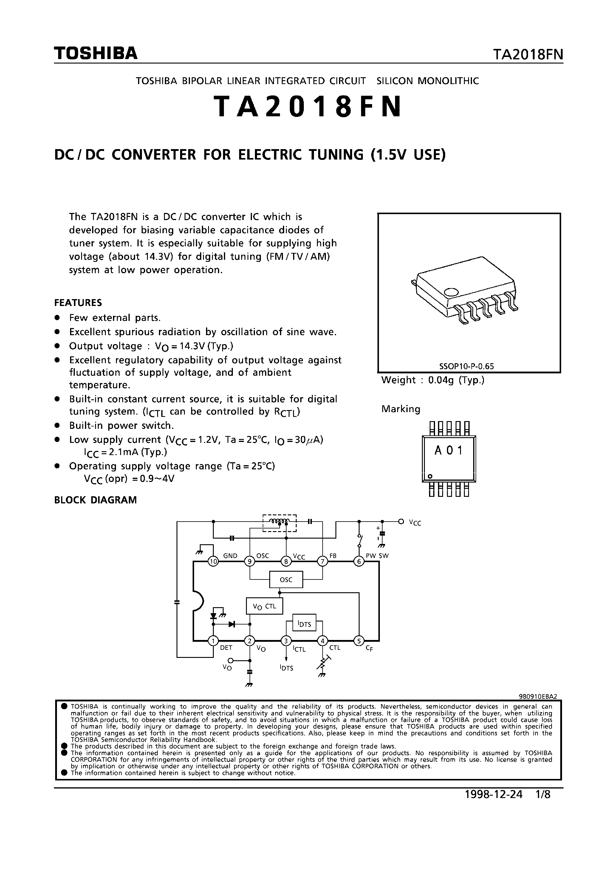 Datasheet TA2018FN - DC/DC CONVERTER FOR ELECTRIC TUNING (1.5V USE) page 1