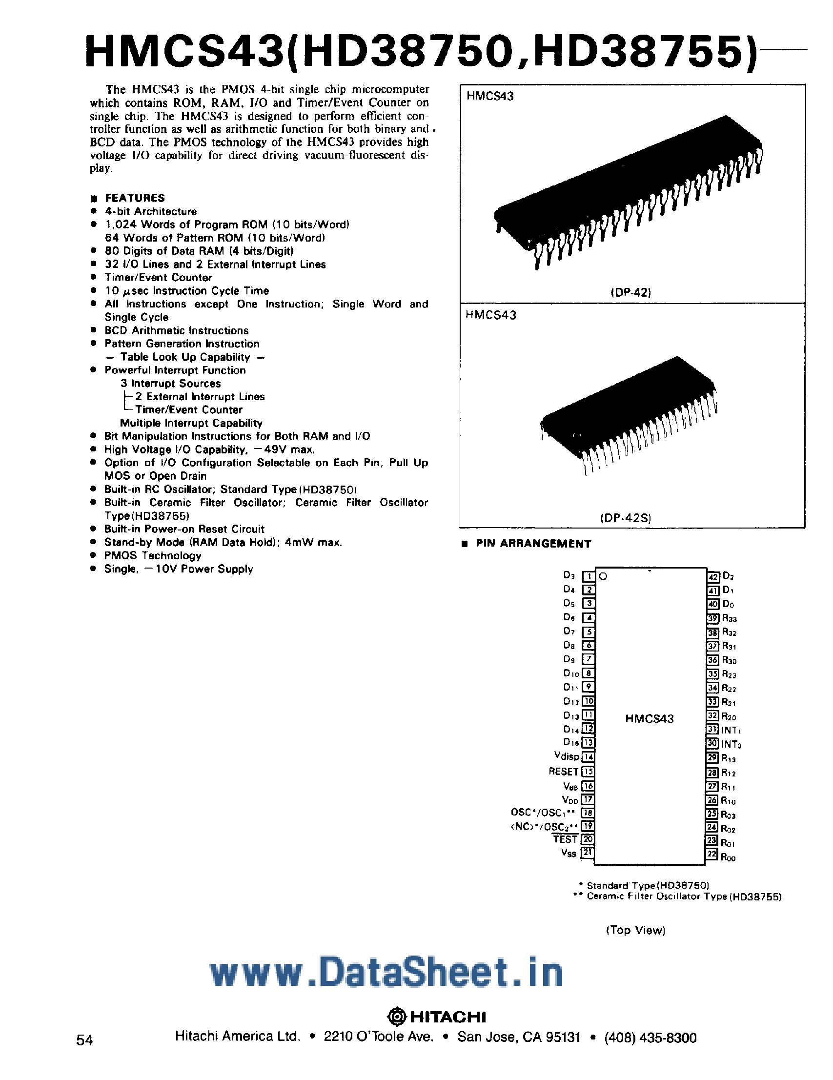 Даташит HD38750 - (HD38750 / HD38755) PMOS 4-Bit Microcomputer страница 1