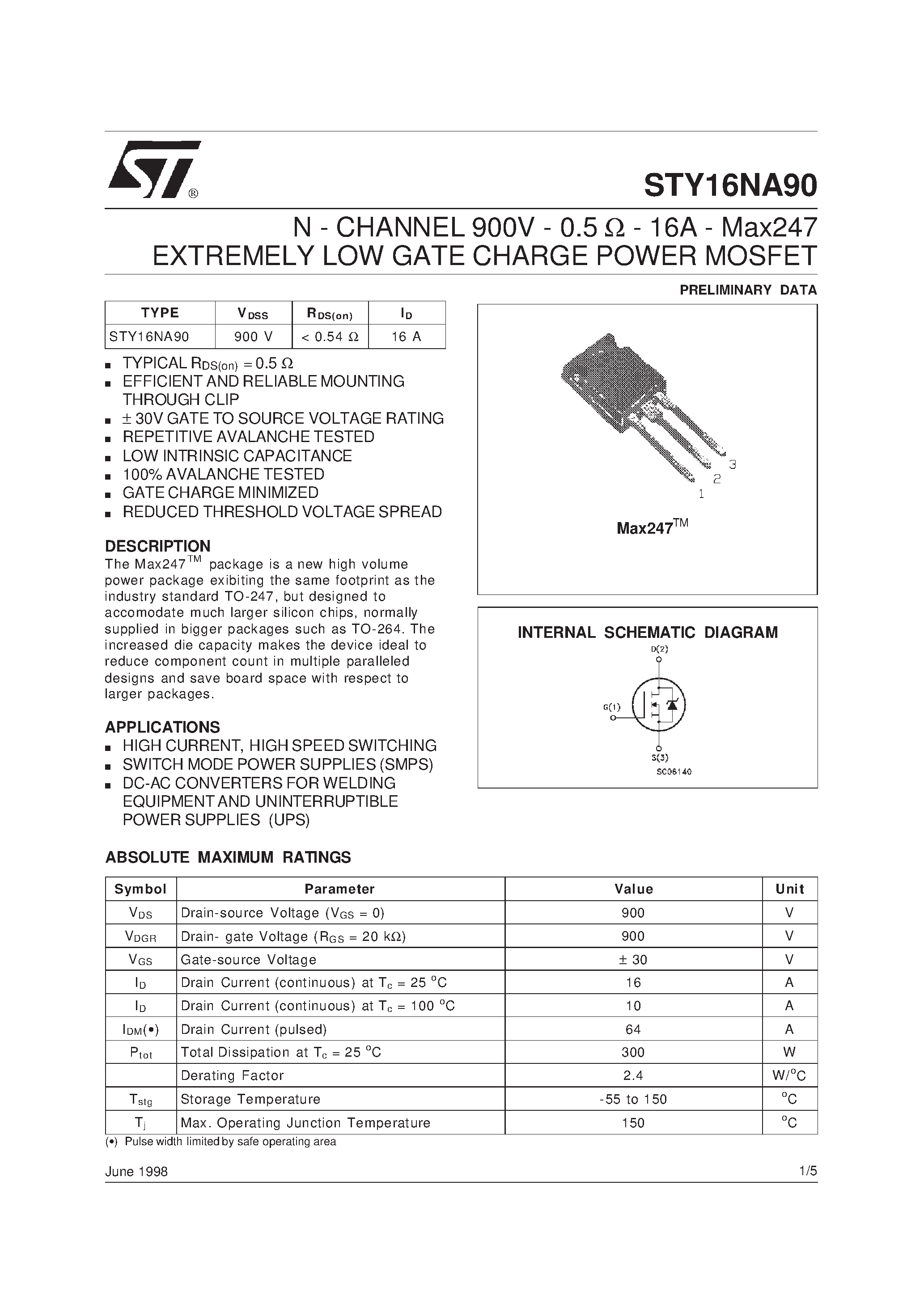 Datasheet STY16NA90 page 1 Datasheet STY16NA90 - N-CHANNEL Power MOSFET page 1