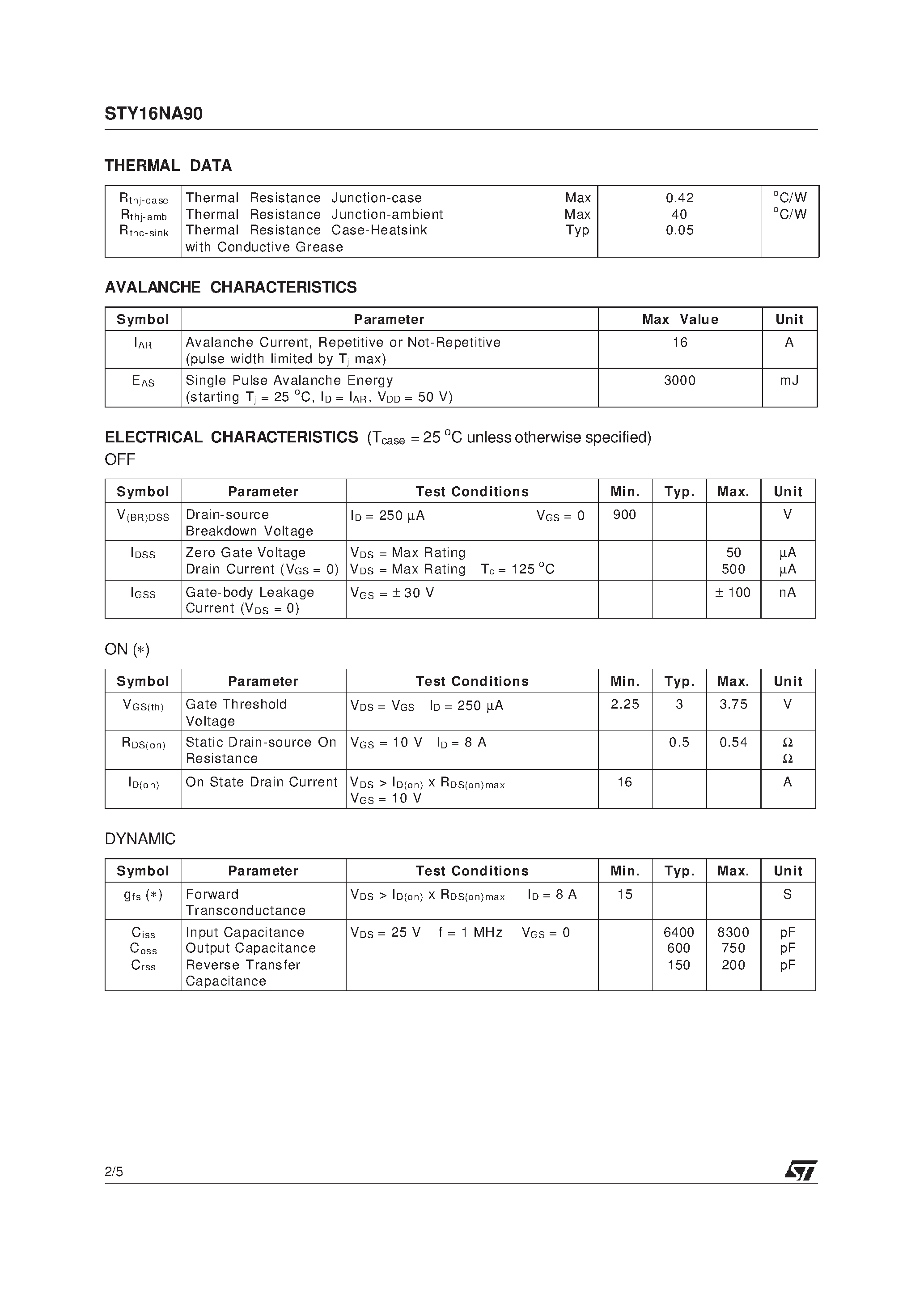 Datasheet STY16NA90 page 2 Datasheet STY16NA90 - N-CHANNEL Power MOSFET page 2