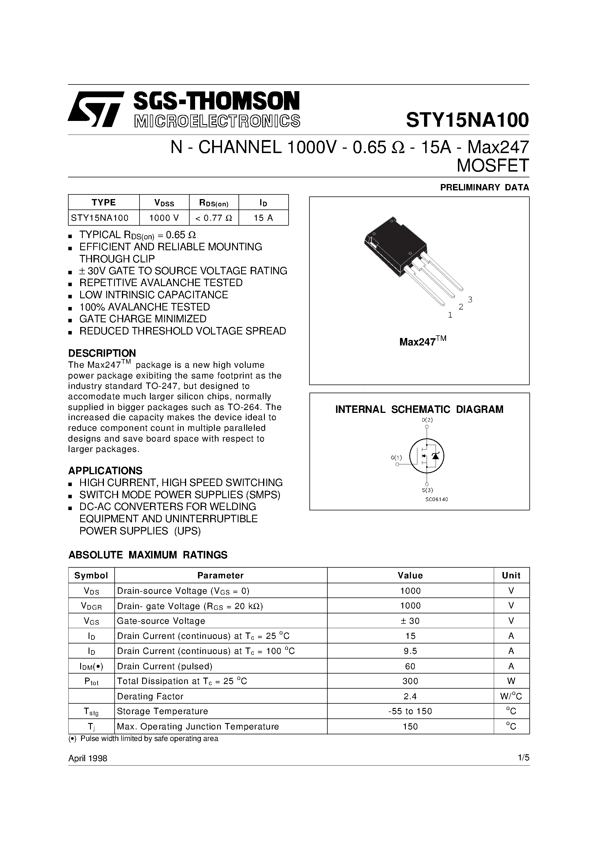 Datasheet STY15NA100 page 1 Datasheet STY15NA100 - N-CHANNEL Power MOSFET page 1