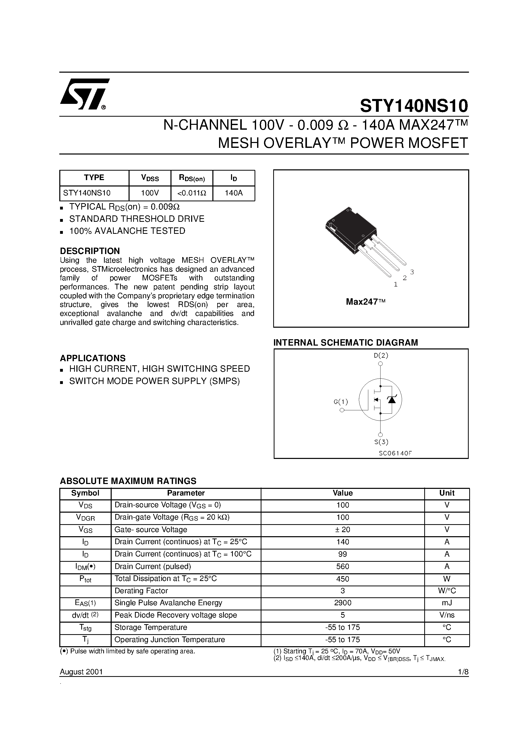 Datasheet STY140NS10 page 1 Datasheet STY140NS10 - N-CHANNEL Power MOSFET page 1