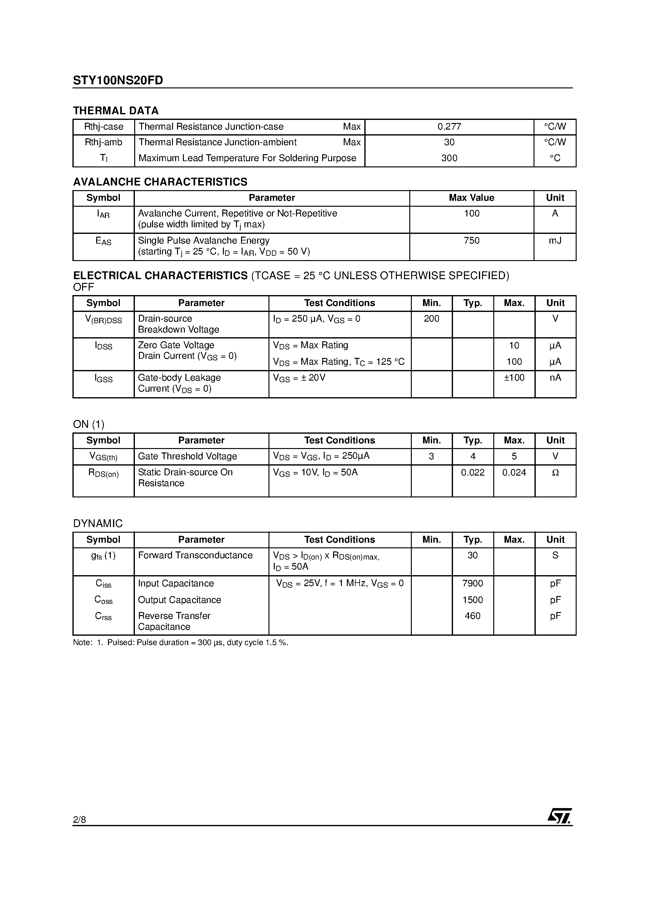 Datasheet STY100NS20FD page 2 Datasheet STY100NS20FD - N-CHANNEL Power MOSFET page 2