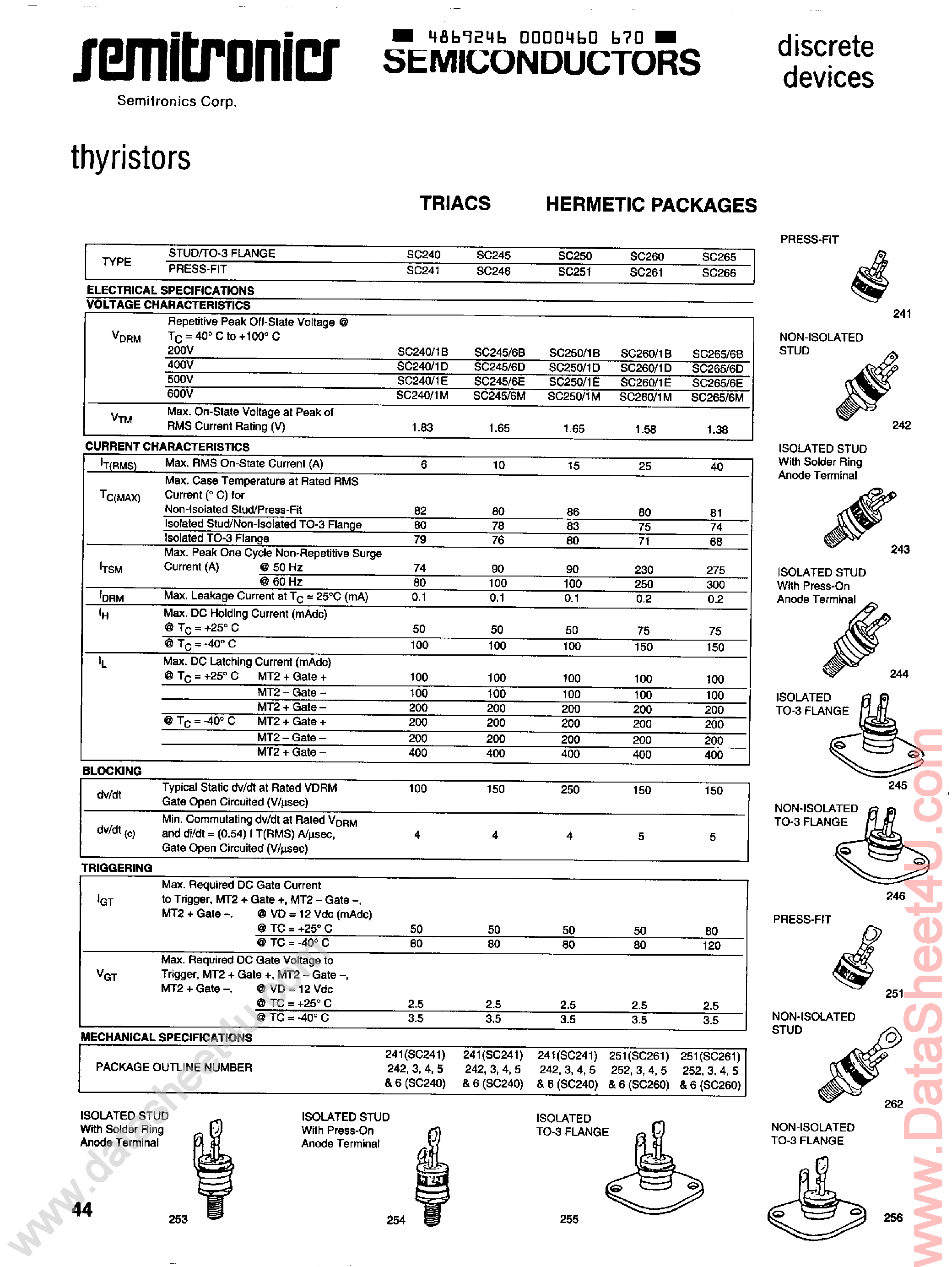 Datasheet SC240 page 1 Datasheet SC240 - (SC2xx) Thyristors / TRIAC page 1