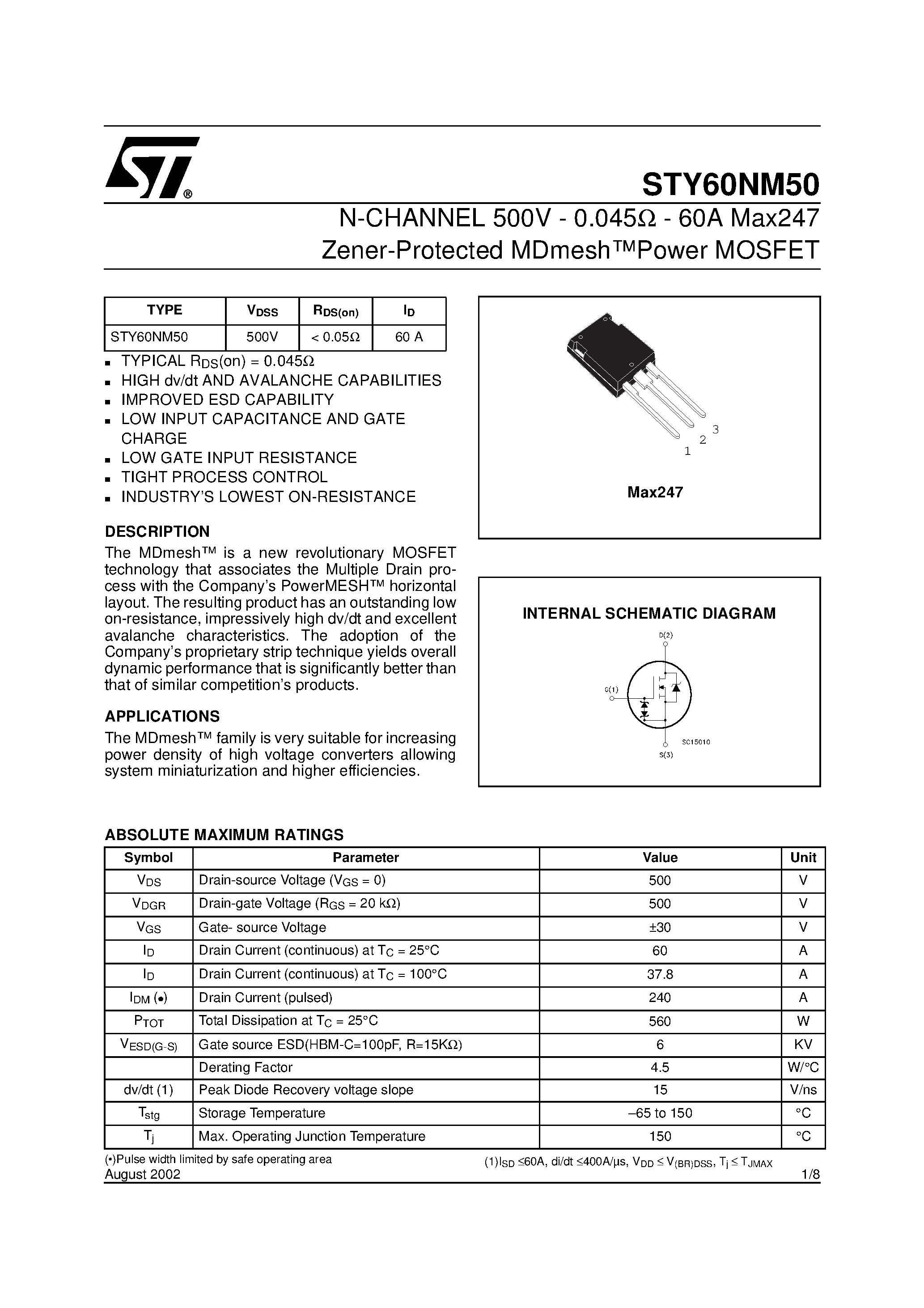 Datasheet STY60NM50 - N-CHANNEL Power MOSFET page 1