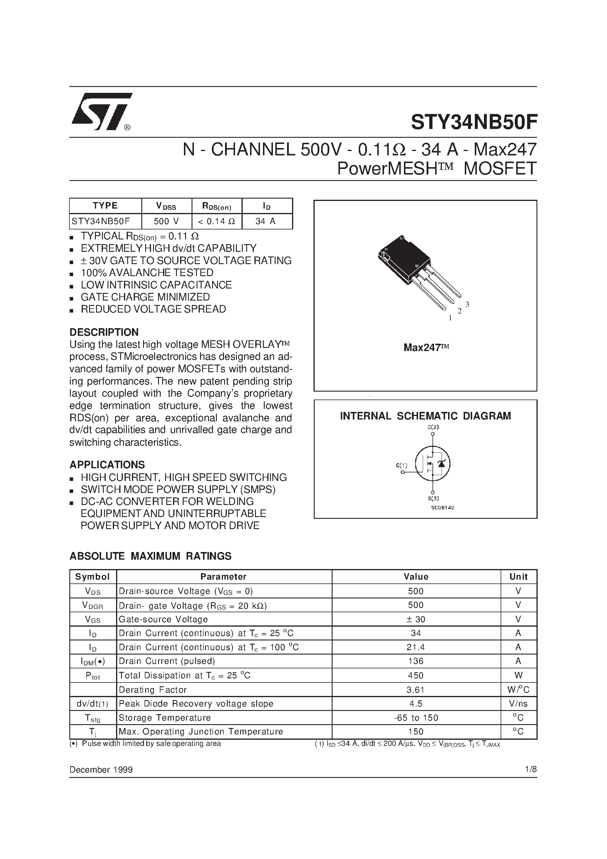 Datasheet STY34NB50F page 1 Datasheet STY34NB50F - N-CHANNEL Power MOSFET page 1