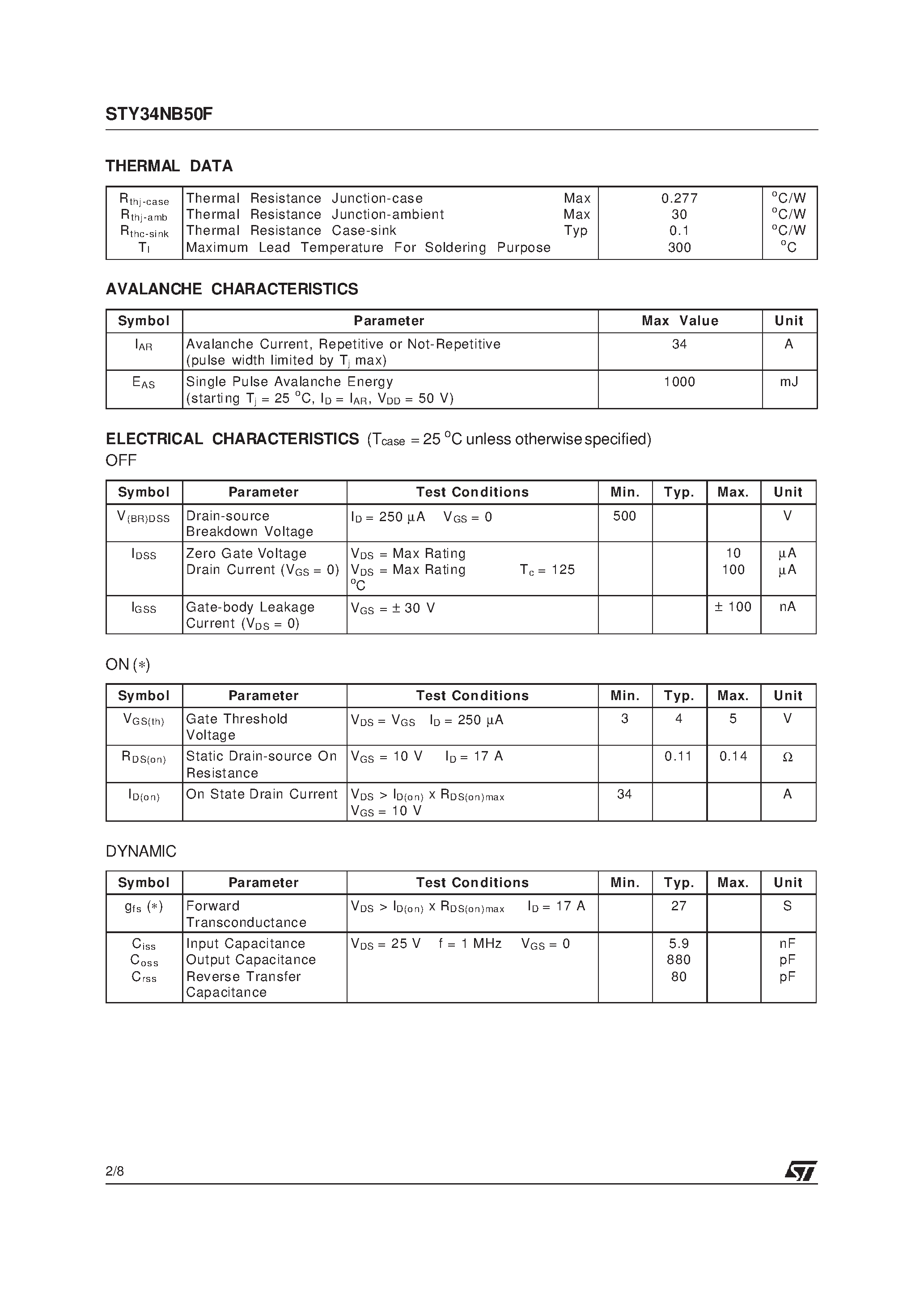 Datasheet STY34NB50F page 2 Datasheet STY34NB50F - N-CHANNEL Power MOSFET page 2
