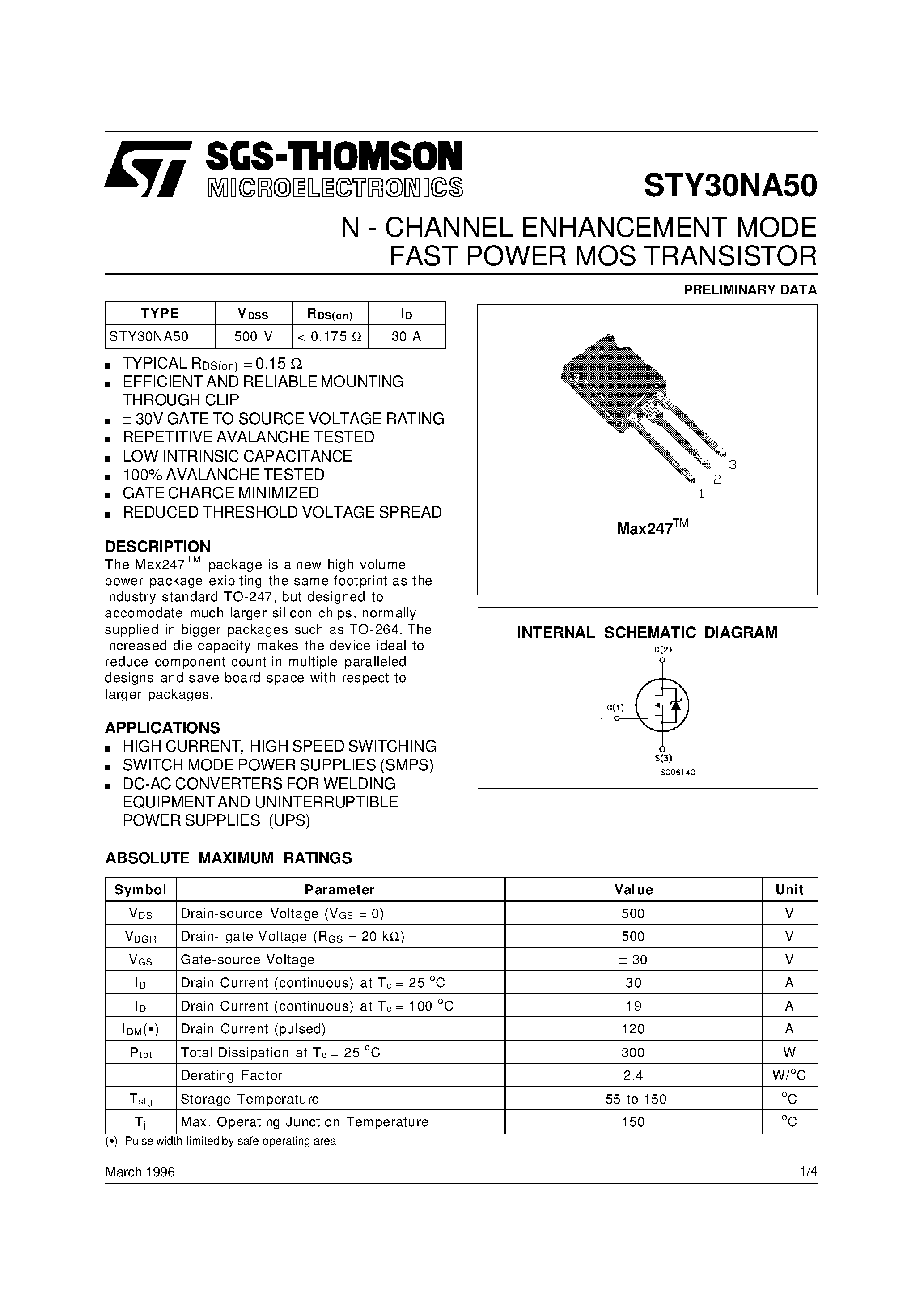 Datasheet STY30NA50 - N-CHANNEL Power MOSFET page 1