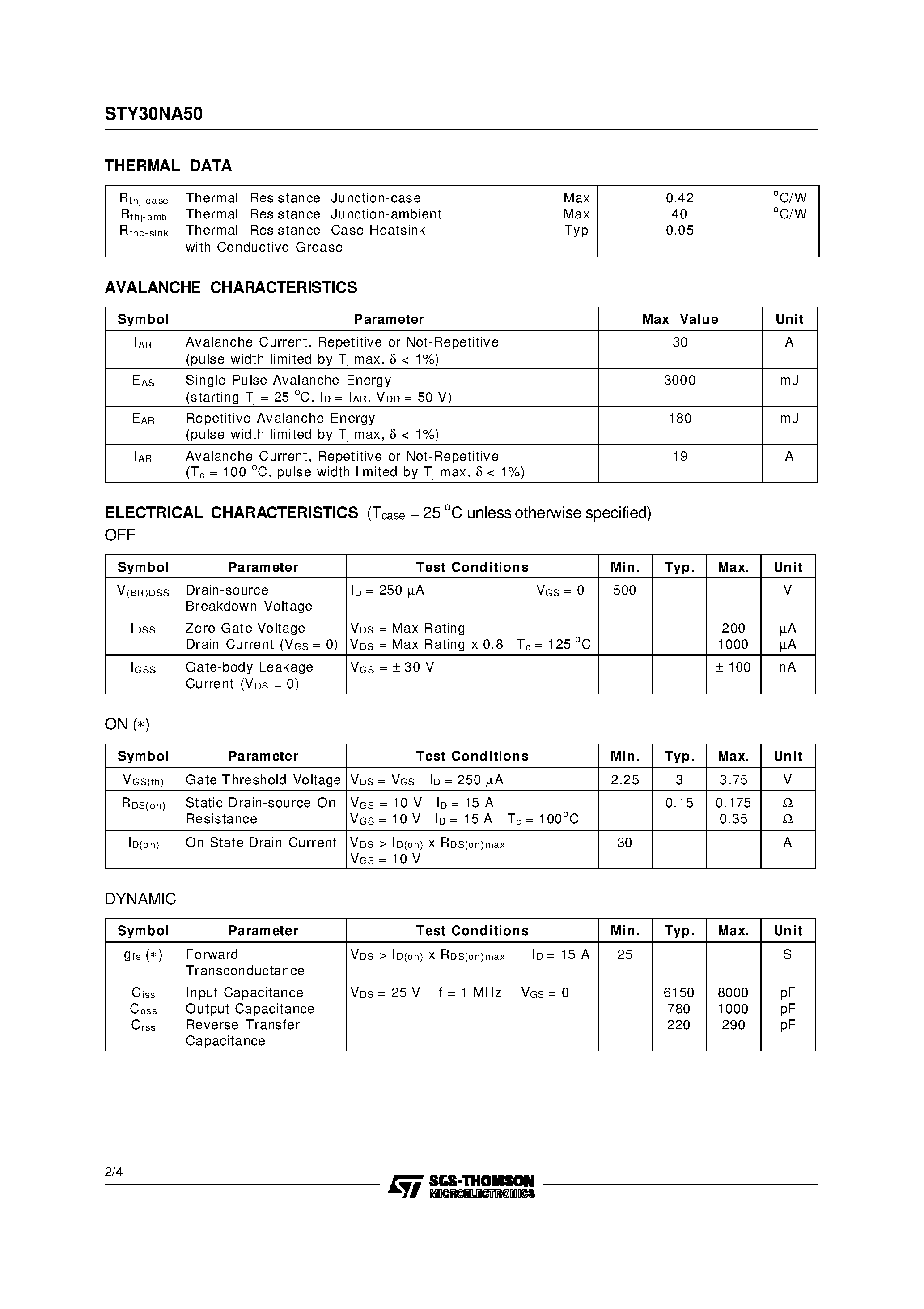 Datasheet STY30NA50 - N-CHANNEL Power MOSFET page 2