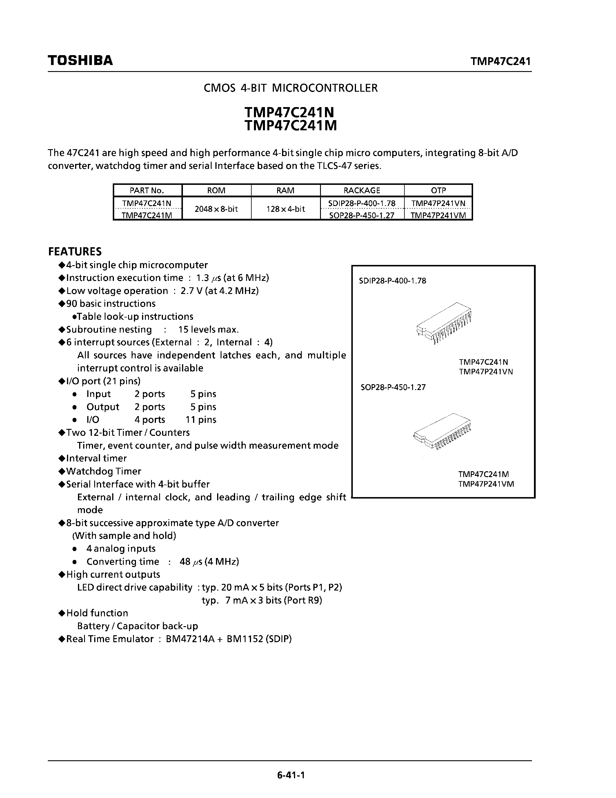 Datasheet TMP47C241M - CMOS 4-BIT MICROCONTROLLER page 1