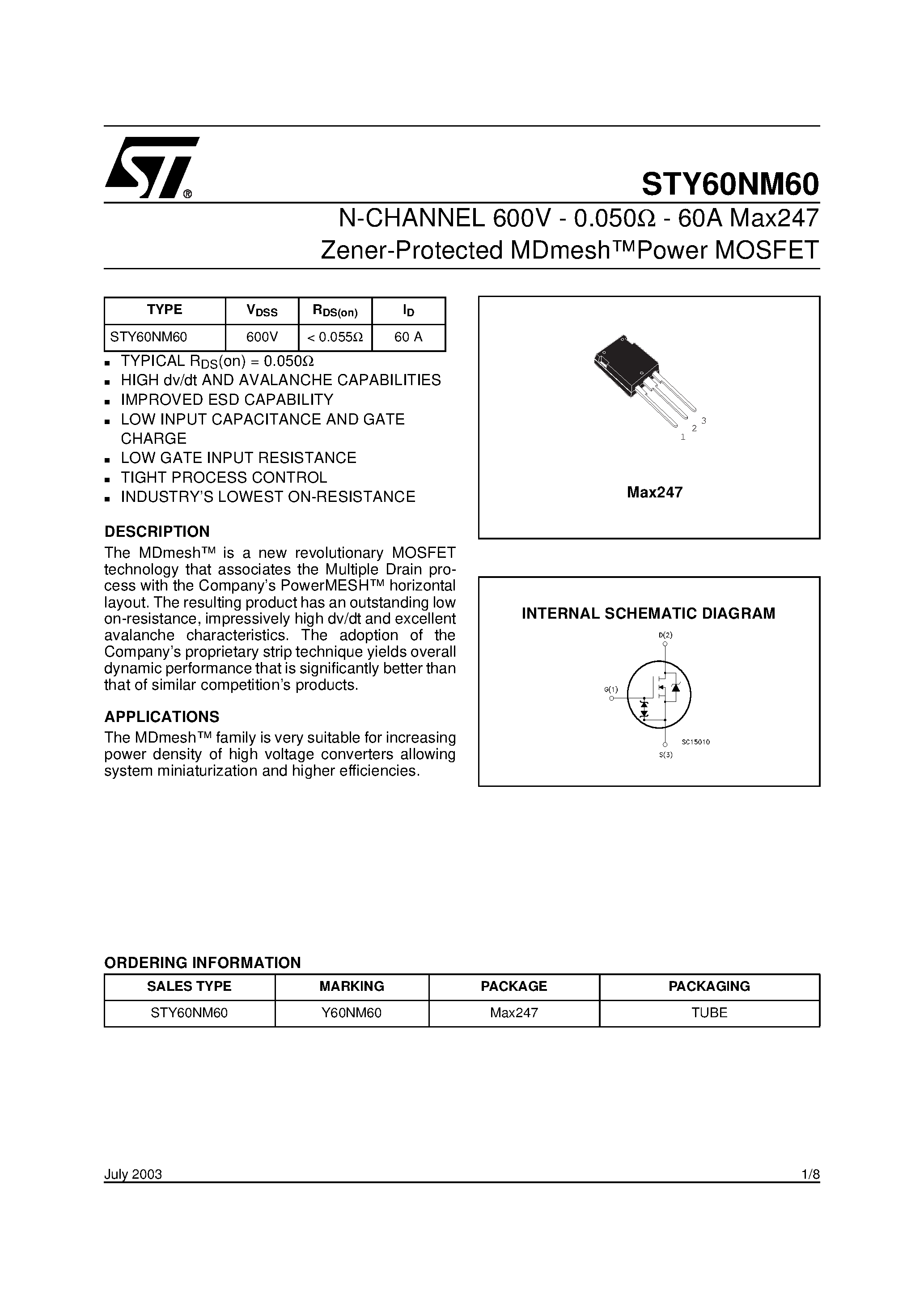 Datasheet STY60NM60 - N-CHANNEL Power MOSFET page 1