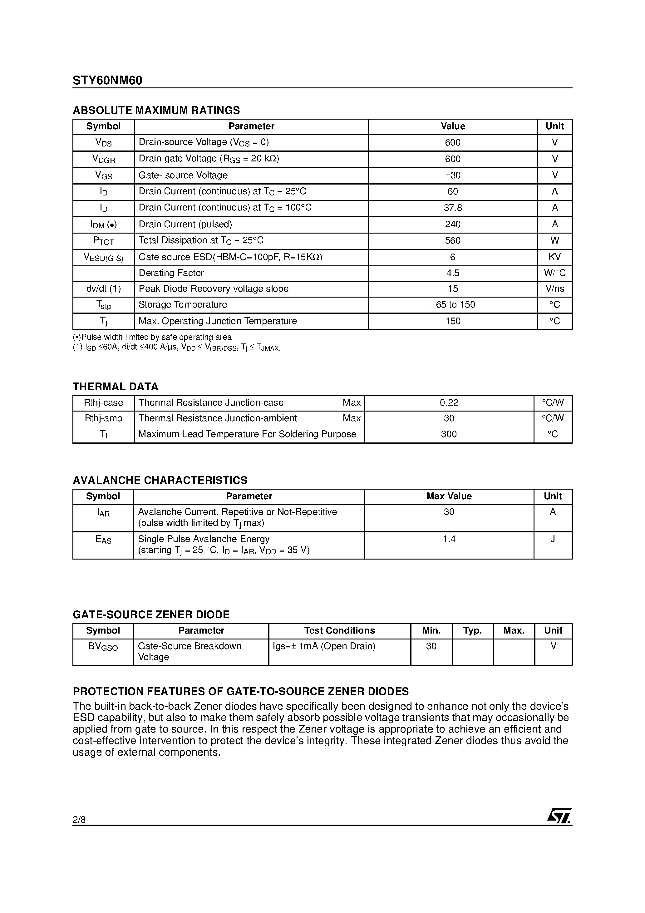 Datasheet STY60NM60 - N-CHANNEL Power MOSFET page 2