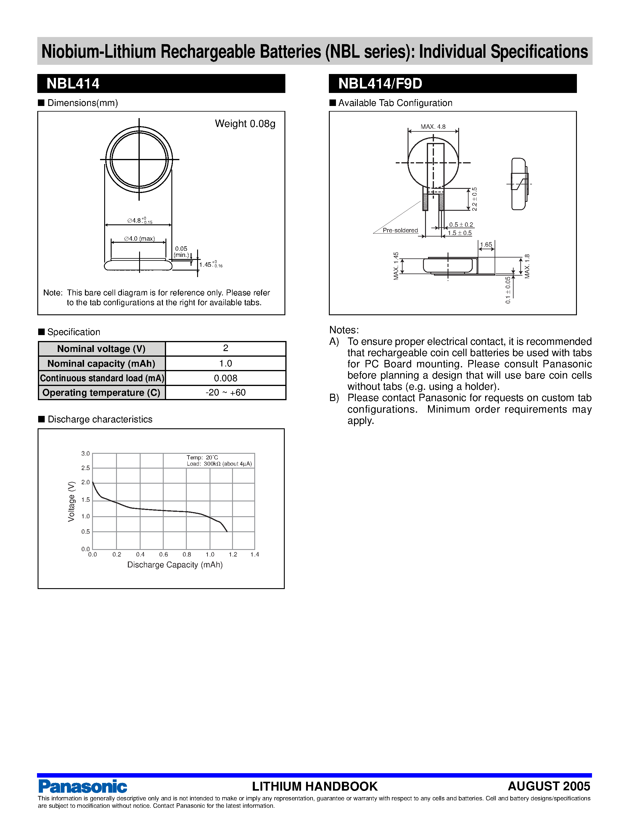 Datasheet NBL414 - Niobium-Lithium Rechargeable Batteries page 1
