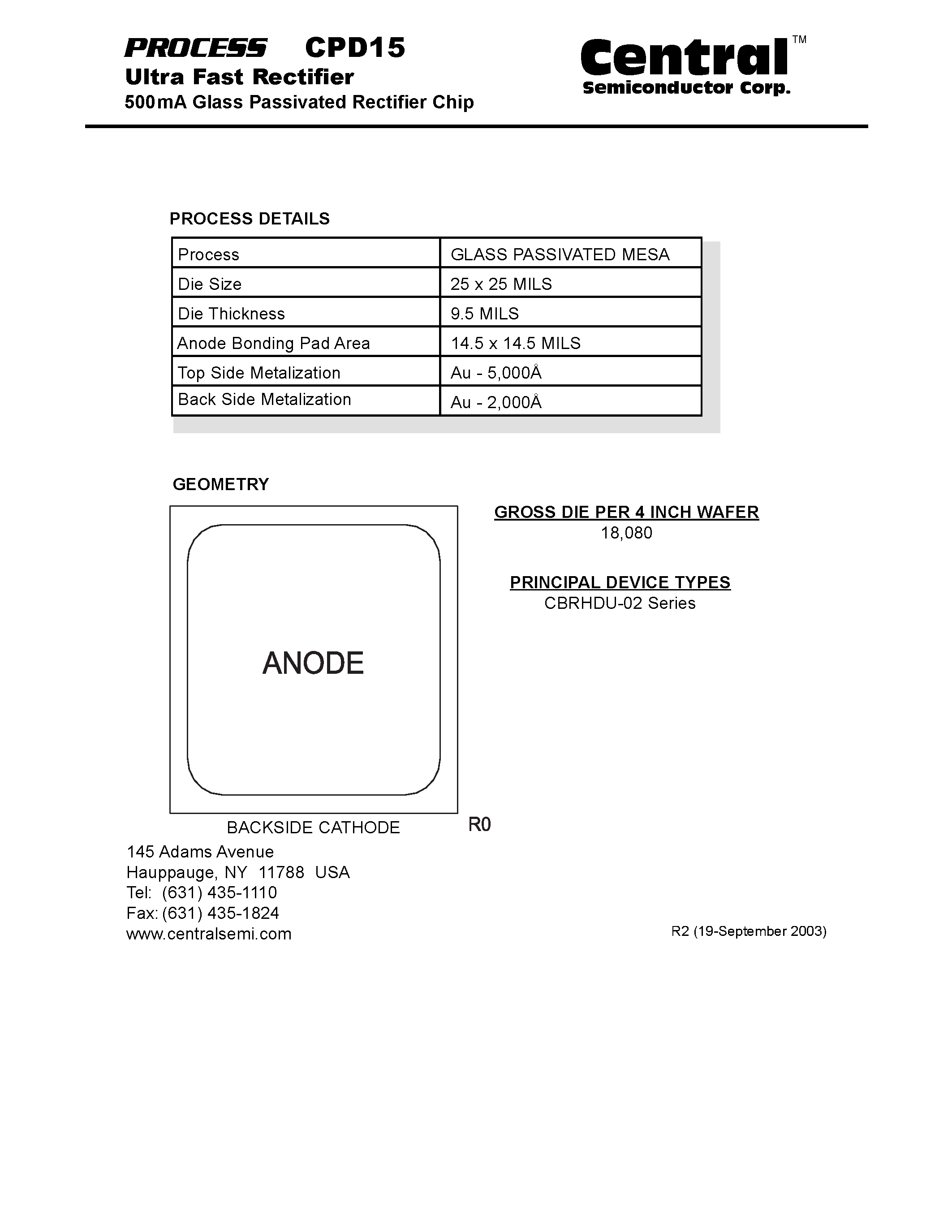 Datasheet CPD15 page 1 Datasheet CPD15 - 500mA Glass Passivated Rectifier Chip page 1
