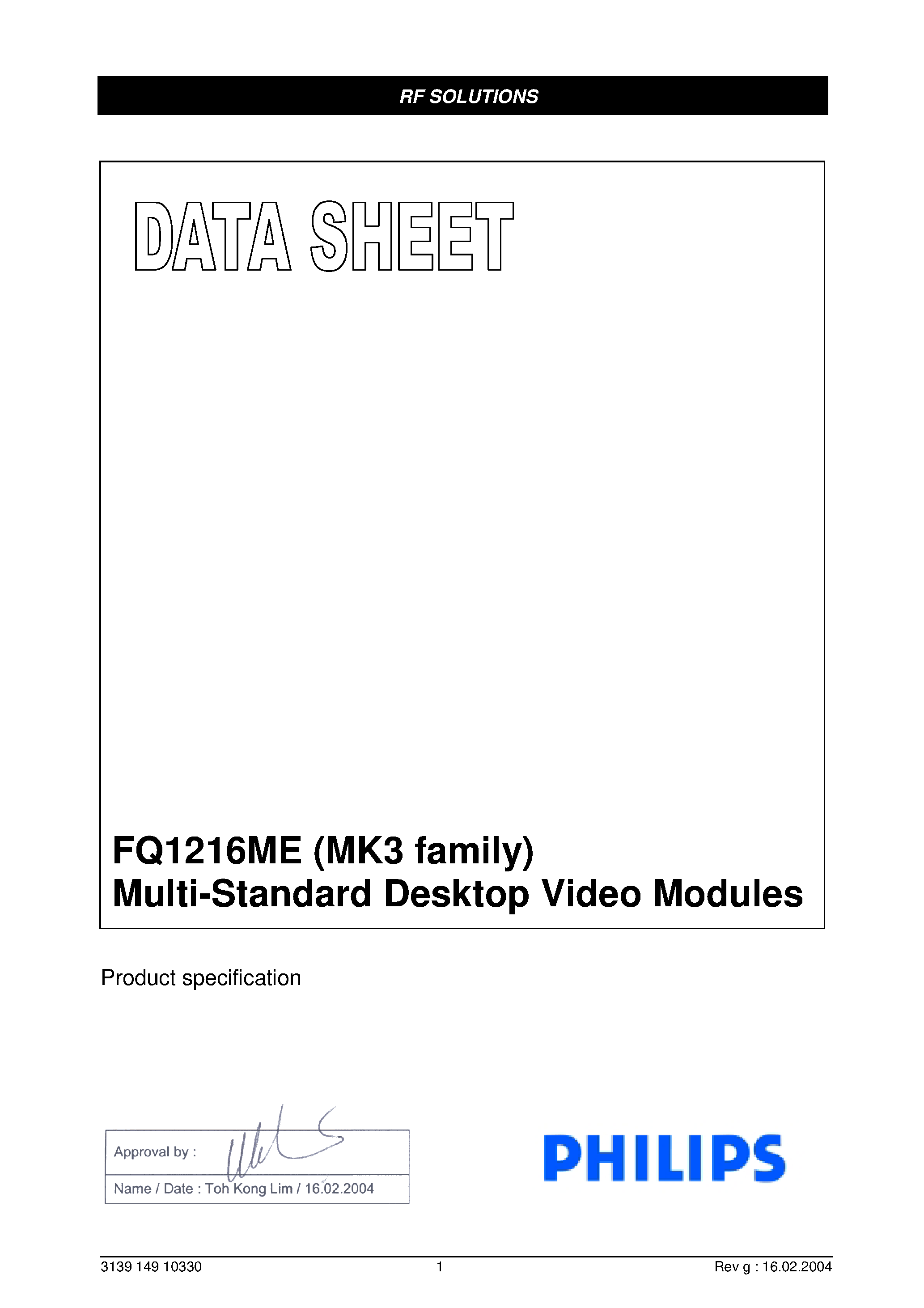 Даташит FQ1216ME - Multi-Standard Desktop Video Modules страница 1