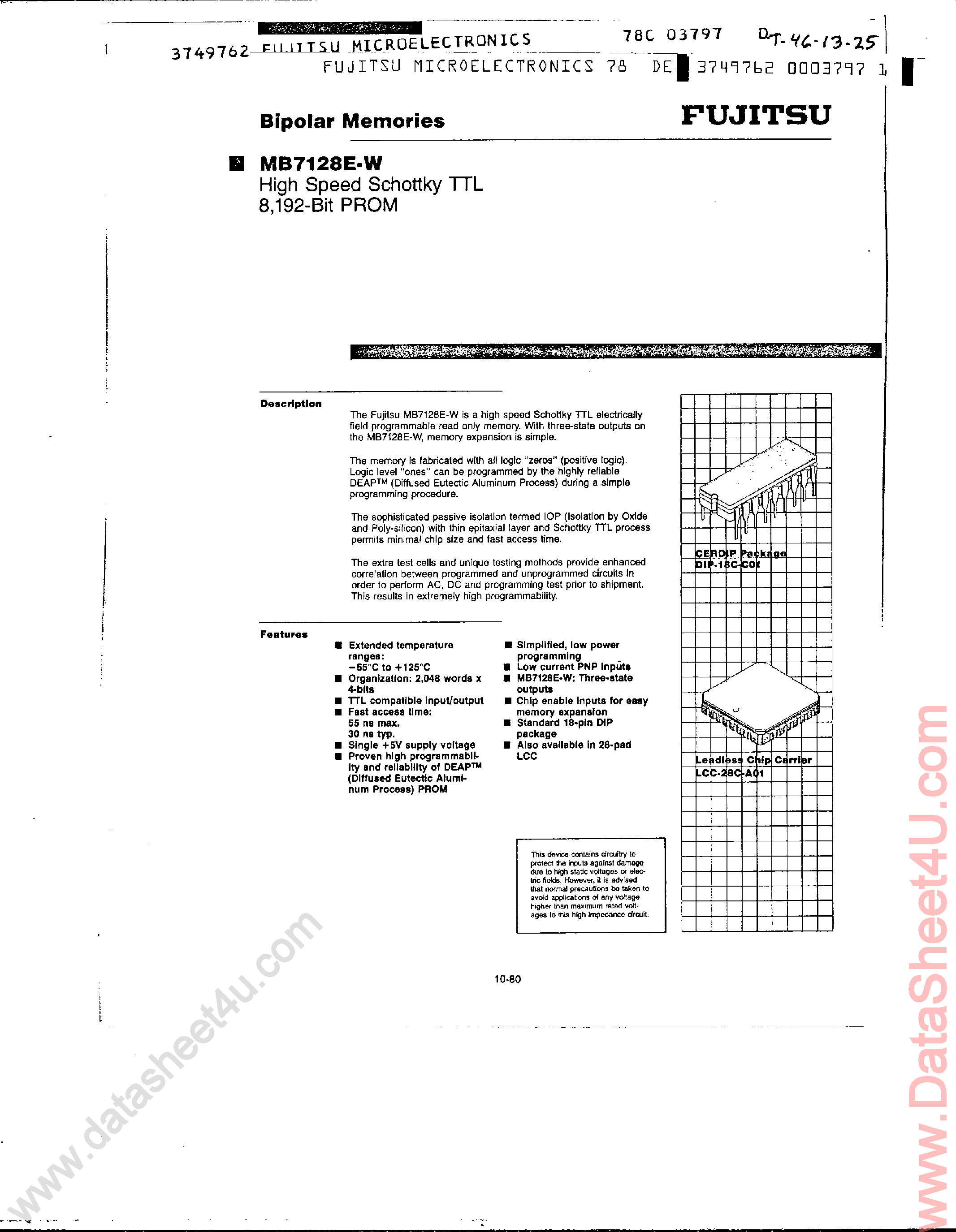 Datasheet MB7128E - High Speed Schottky TTL 8192-Bit ROM page 1
