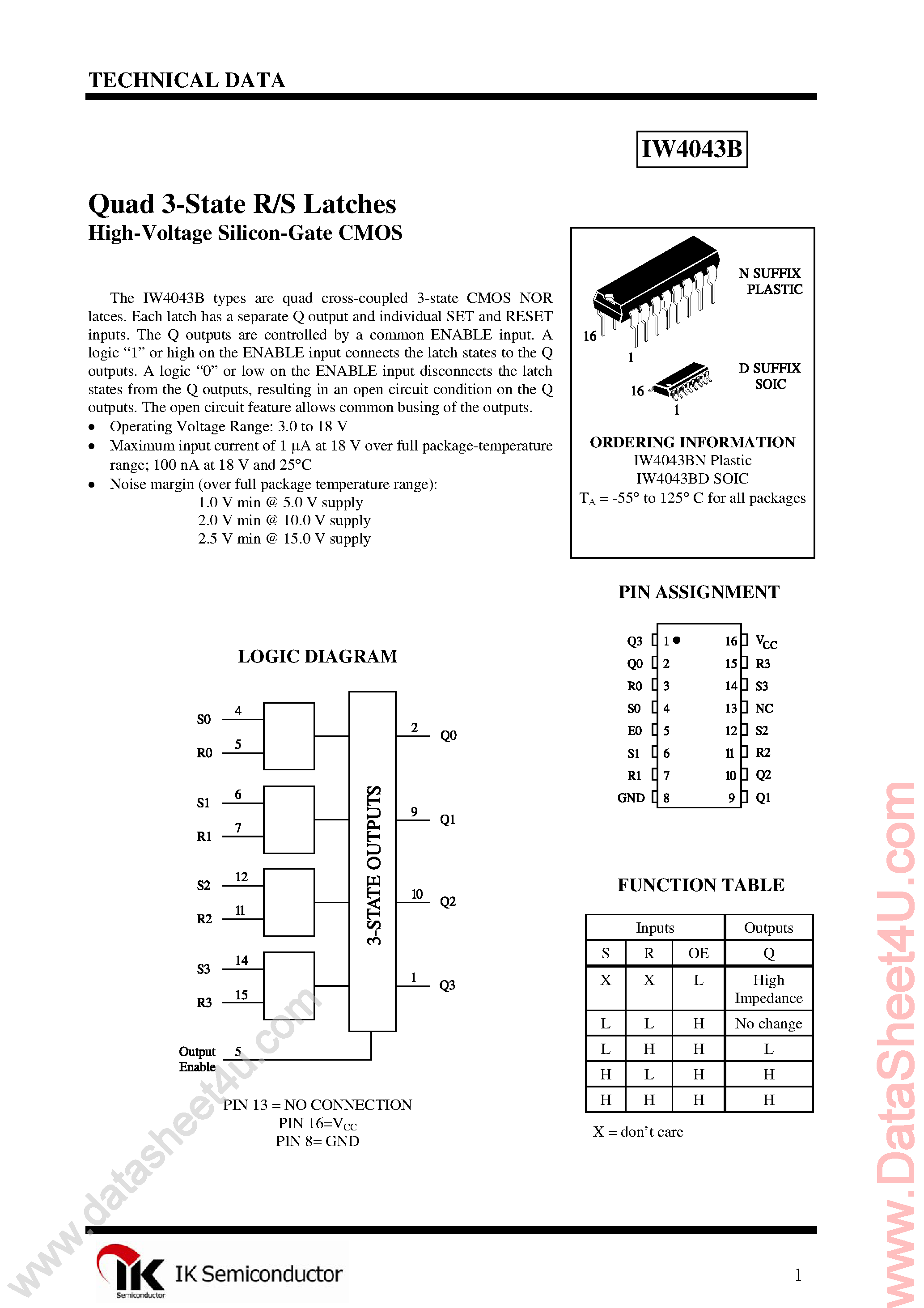 Datasheet IW4043B page 1 Datasheet IW4043B - Quad NOR R-S Latch (3-State) page 1
