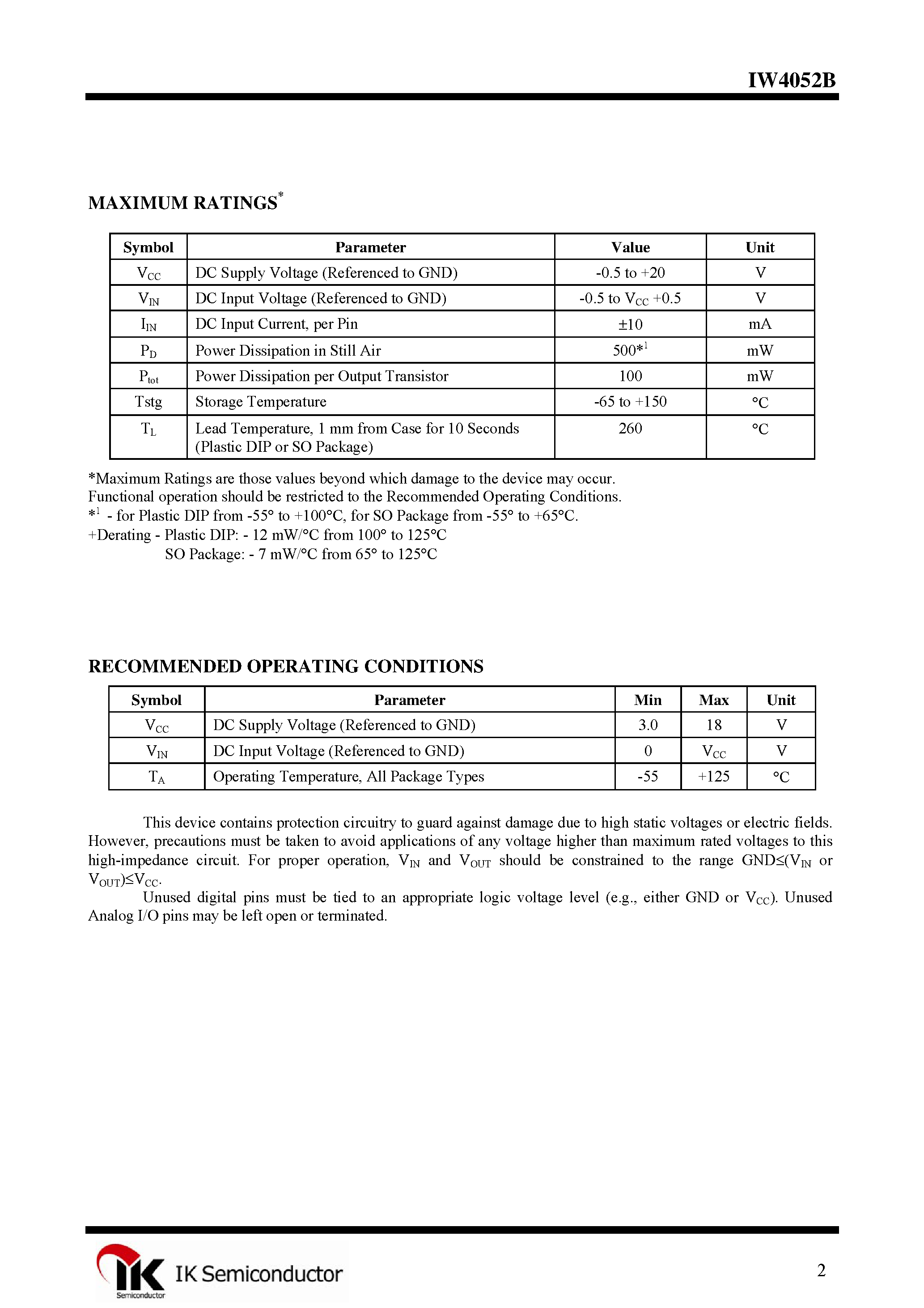 Datasheet IW4052B - Dual 4-Channel Analog Multiplexer/Demultiplexer page 2