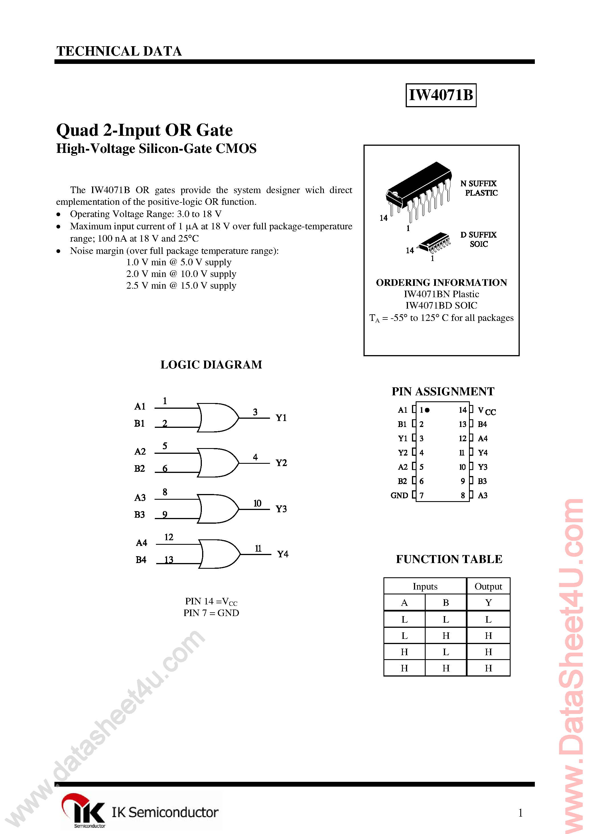 Datasheet IW4071B page 1 Datasheet IW4071B - Quad 2-Input OR Gate page 1
