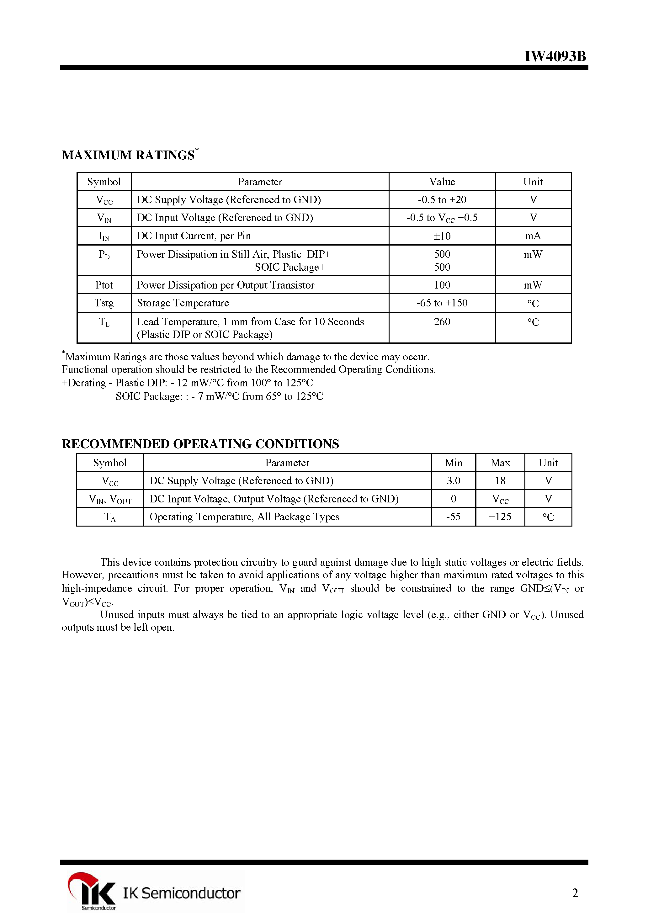 Datasheet IW4093B page 2 Datasheet IW4093B - Quad 2-Input NADN Schmitt Trigger page 2