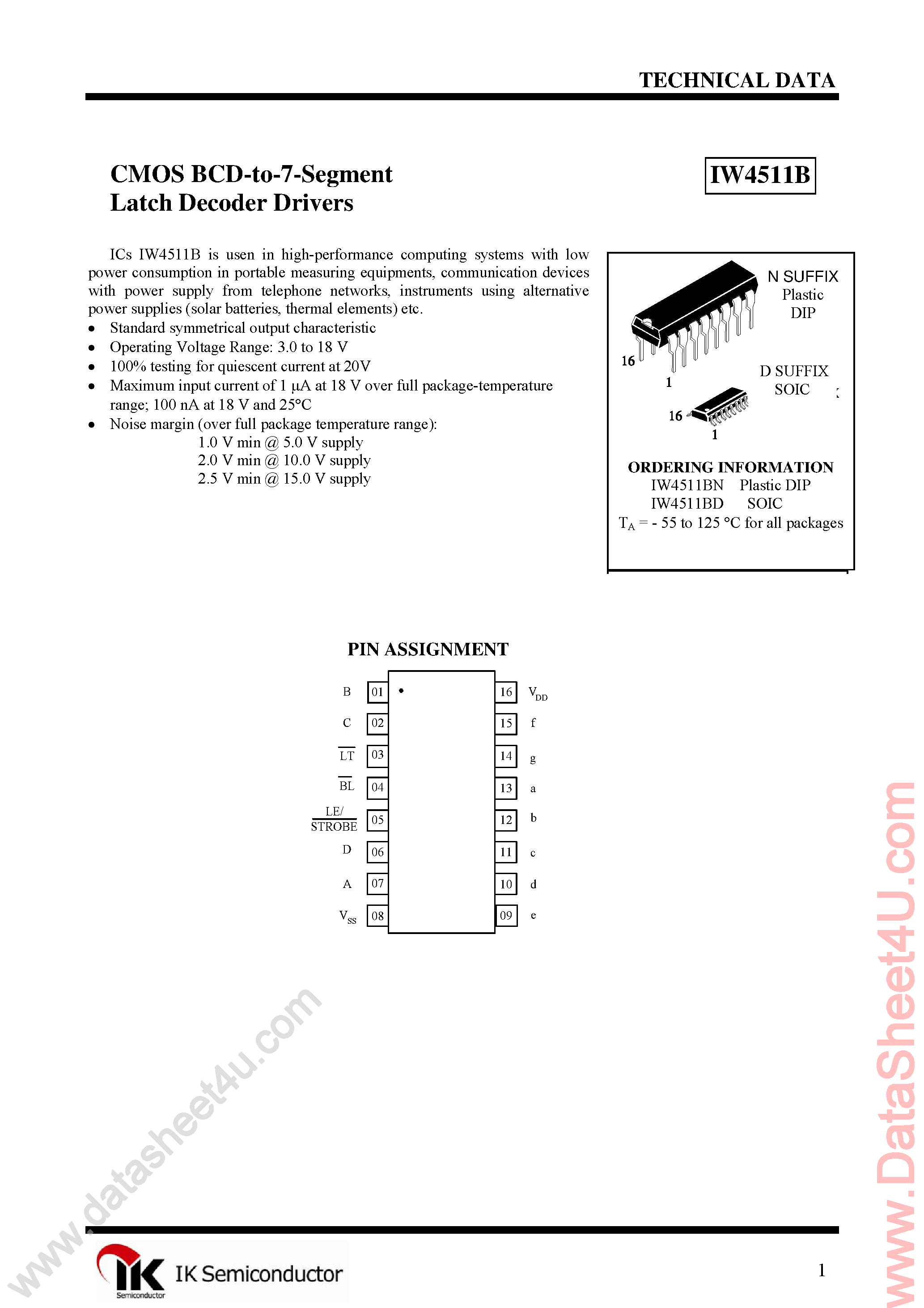 Datasheet IW4511B - BCD-to-7-Segment Latch Decoder/Driver page 1