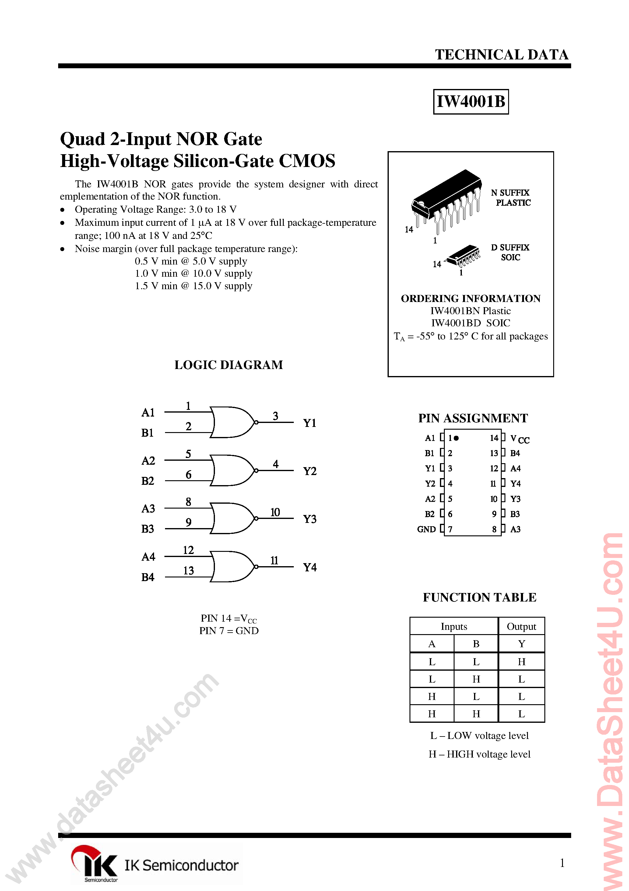 Datasheet IW4001B page 1 Datasheet IW4001B - Quad 2-Input NOR Gate page 1