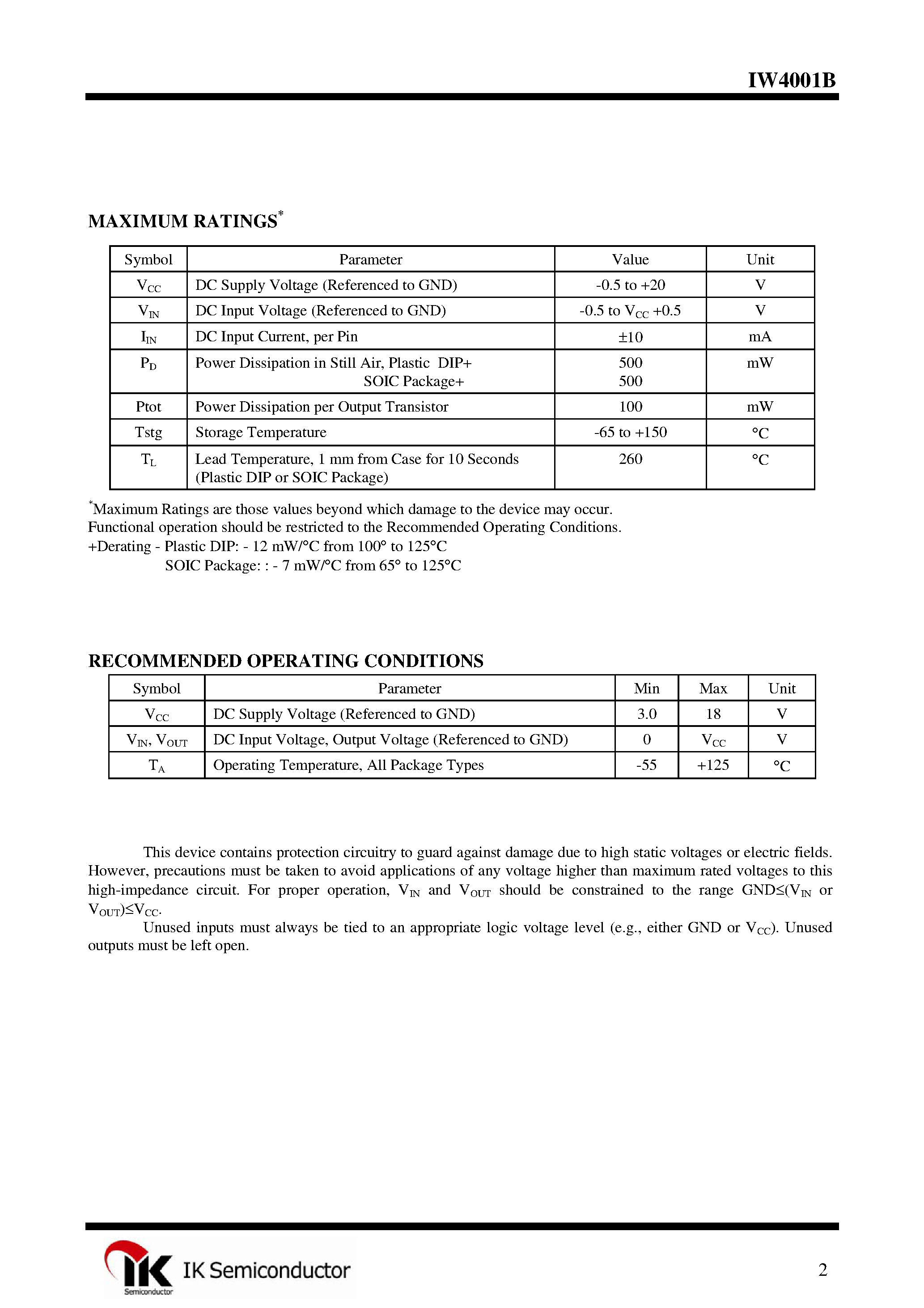 Datasheet IW4001B page 2 Datasheet IW4001B - Quad 2-Input NOR Gate page 2
